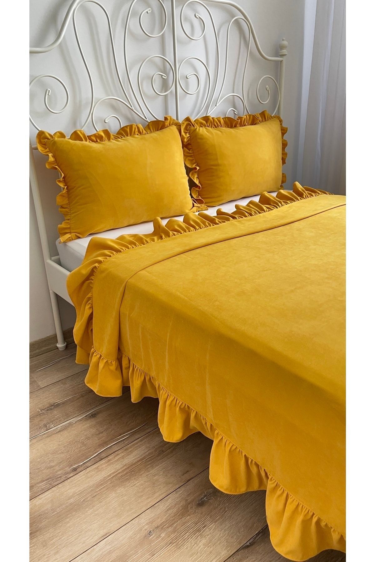 Decamor home-طقم مفرش سرير أصفر خردل مكشكش مزدوج 2