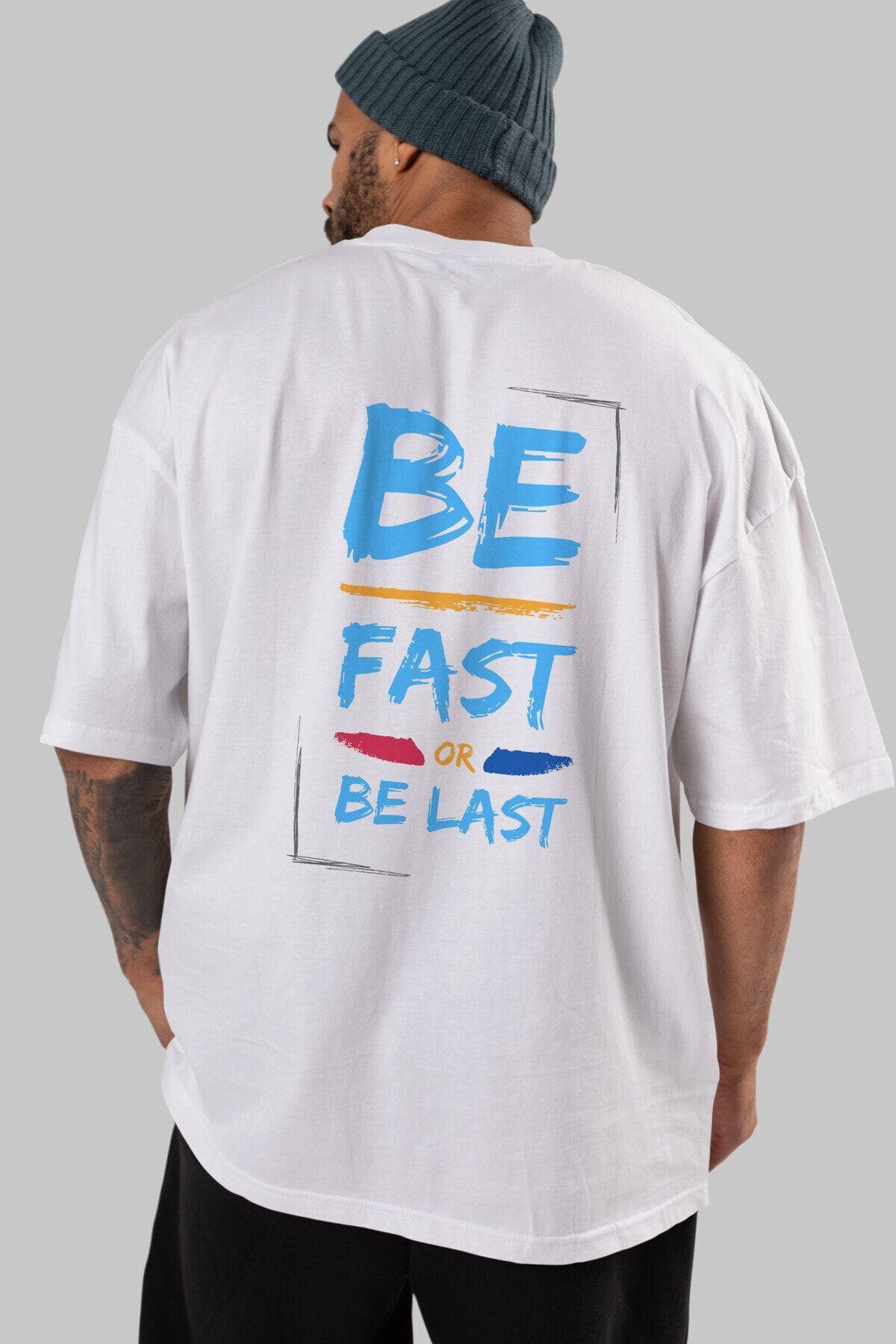 Ankhises Be Fast Or Be Last Printed Spate Alb Tricou Oversize Bărbați Femei Decolteu Crew Unisex - S