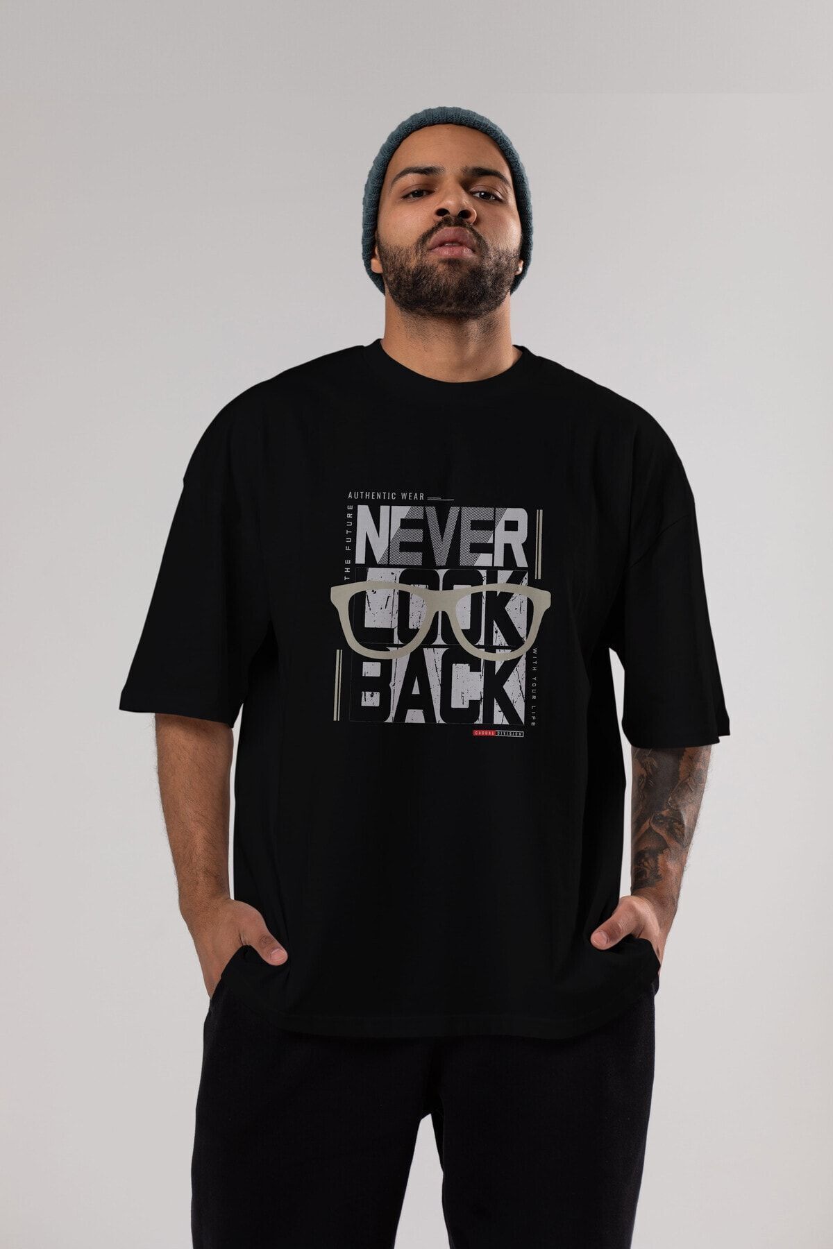 Ankhises-Never Look Back Tricou negru supradimensionat cu imprimeu în față, unisex, bărbați, femei, cu gât crew 6