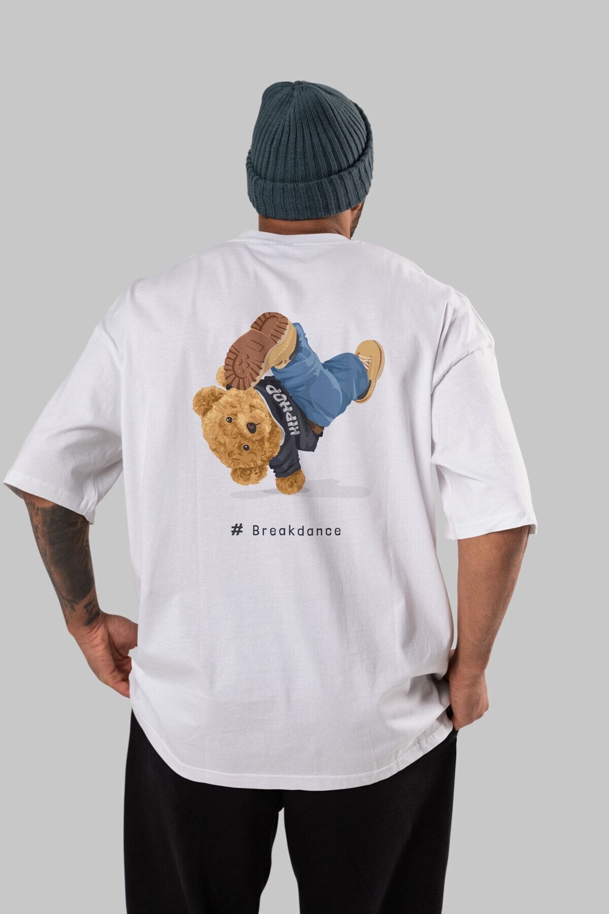 Ankhises-Teddy Bear Breakdance Back Printed White Men's Women's Crew Neck Oversize T-shirt 5