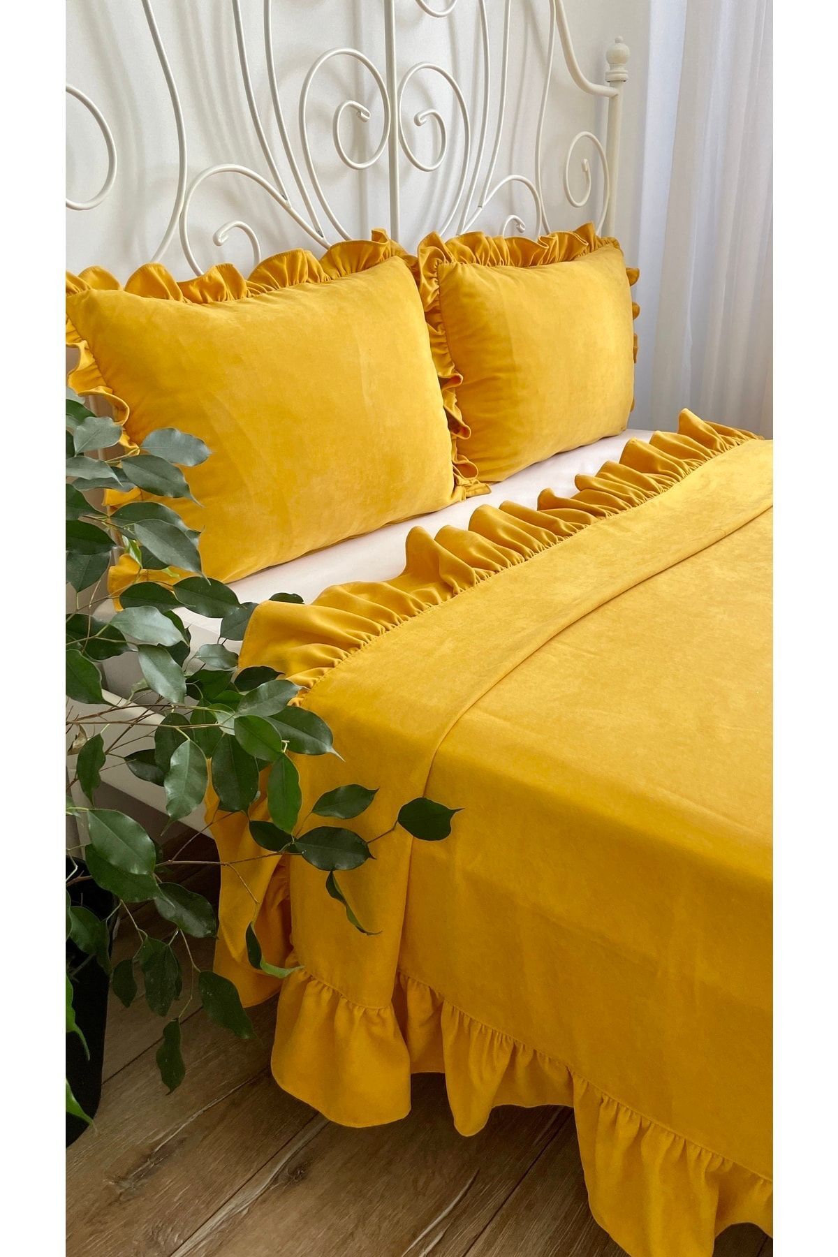 Decamor home-طقم مفرش سرير أصفر خردل مكشكش مزدوج 3