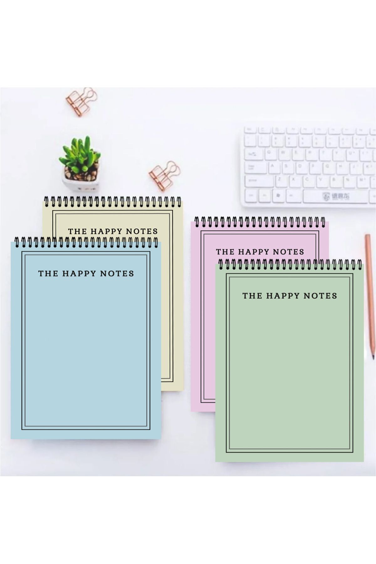 AKILLICA-Set of 4 Unlined Notebooks 13 X 20 cm 50 Sheets Cardboard Cover Top Spiral Notebook Notebook Happy 1