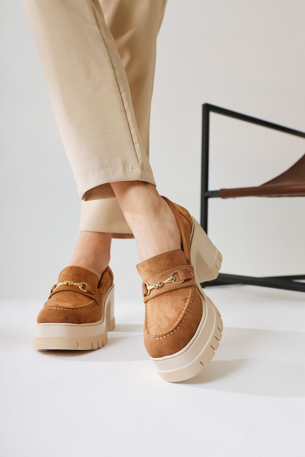 Limoya Manija Tan Suede Buckle Detailed Platform Loafer Shoes Trendyol