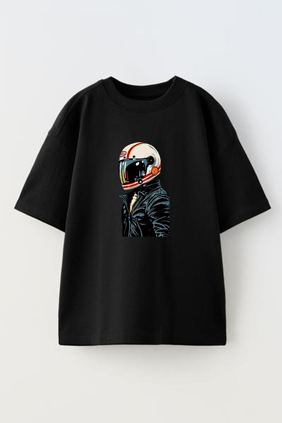 NMG TEKSTİL Unisex Siyah Oversize Pamuk Deri Mont Kasklı Motorcu Baskılı Örme T-shirt