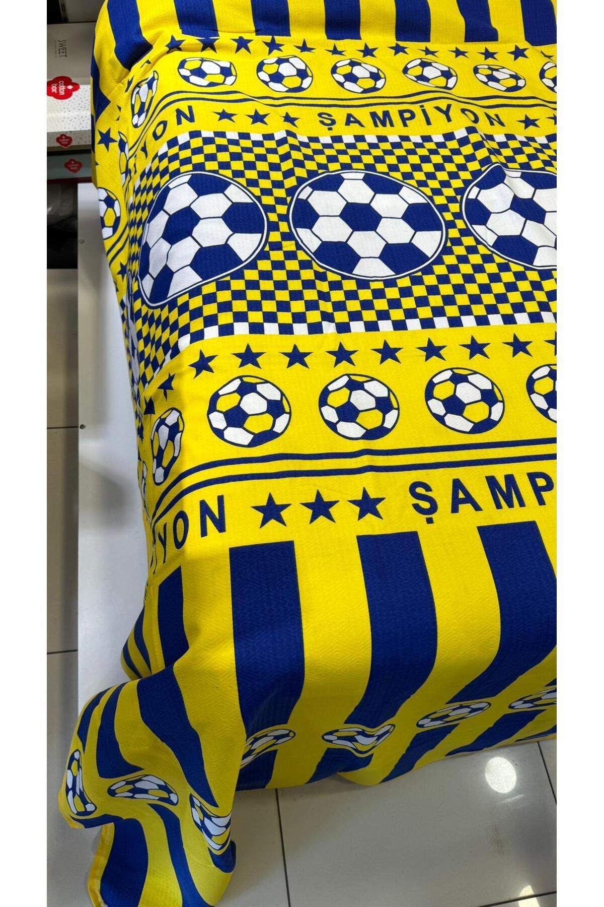 ŞENER HOME-Single Elastic Pique Set - Yellow-Navy Blue Fan Patterned Sheet 8