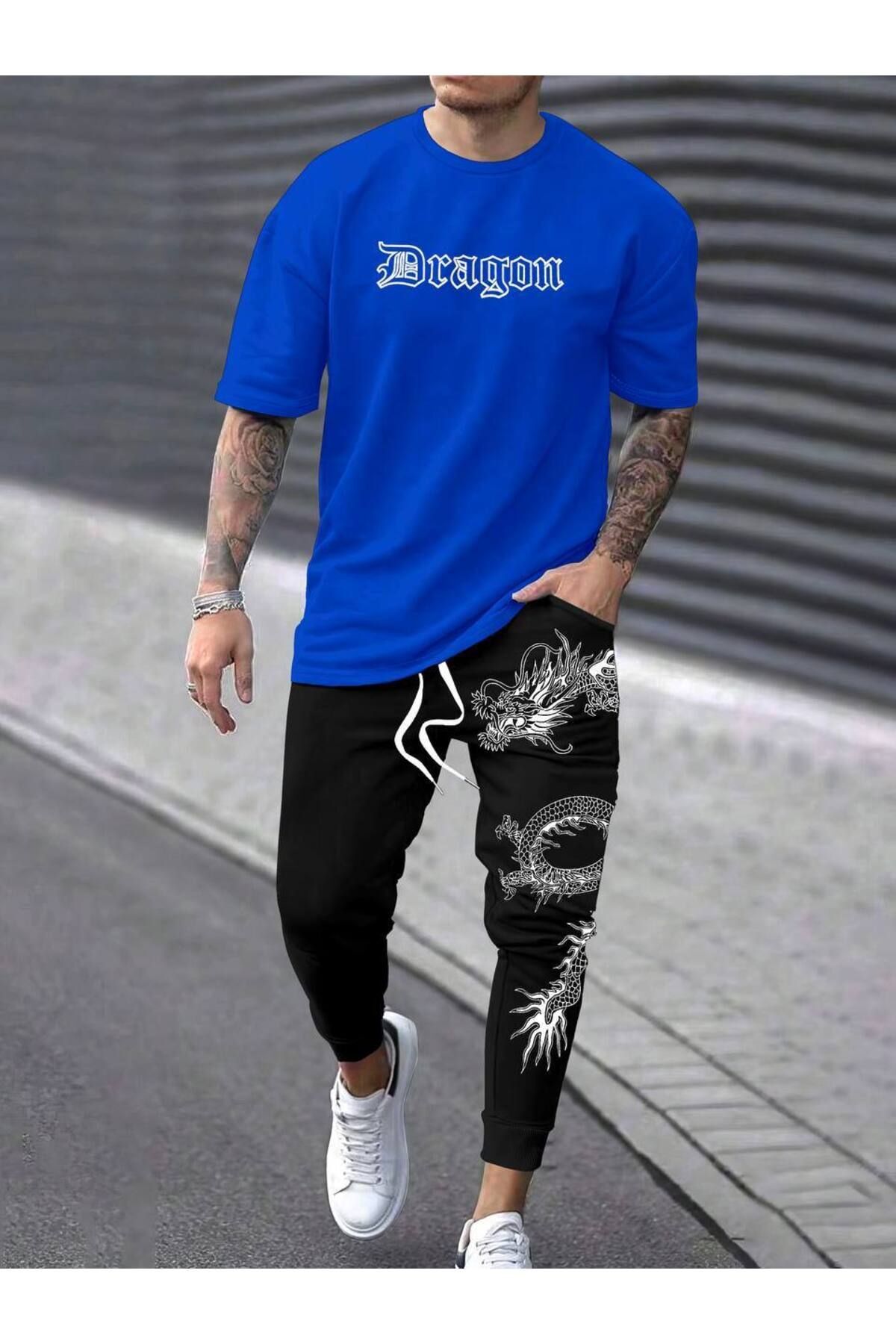 کت و شلوار ورزشی مردانه به سبک ژاپنی با چاپ اژدها - پارچه دو نخی