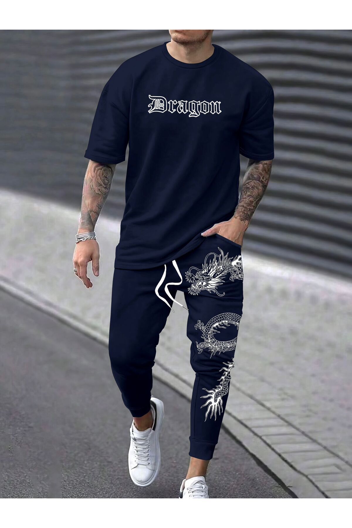 کت و شلوار ورزشی مردانه به سبک ژاپنی با چاپ اژدها - پارچه دو نخی
