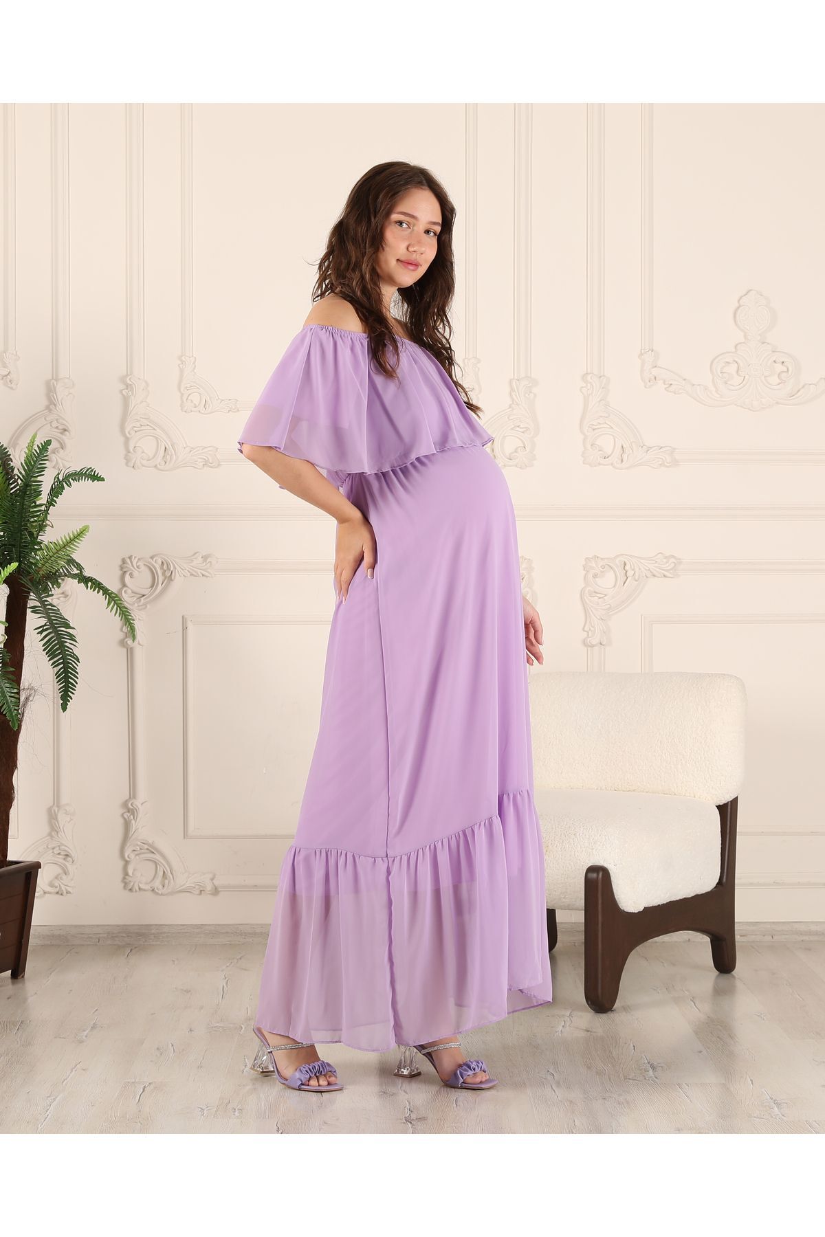 Maternity Madonna Collar Lilac Frilly Skirt Long Chiffon Dress