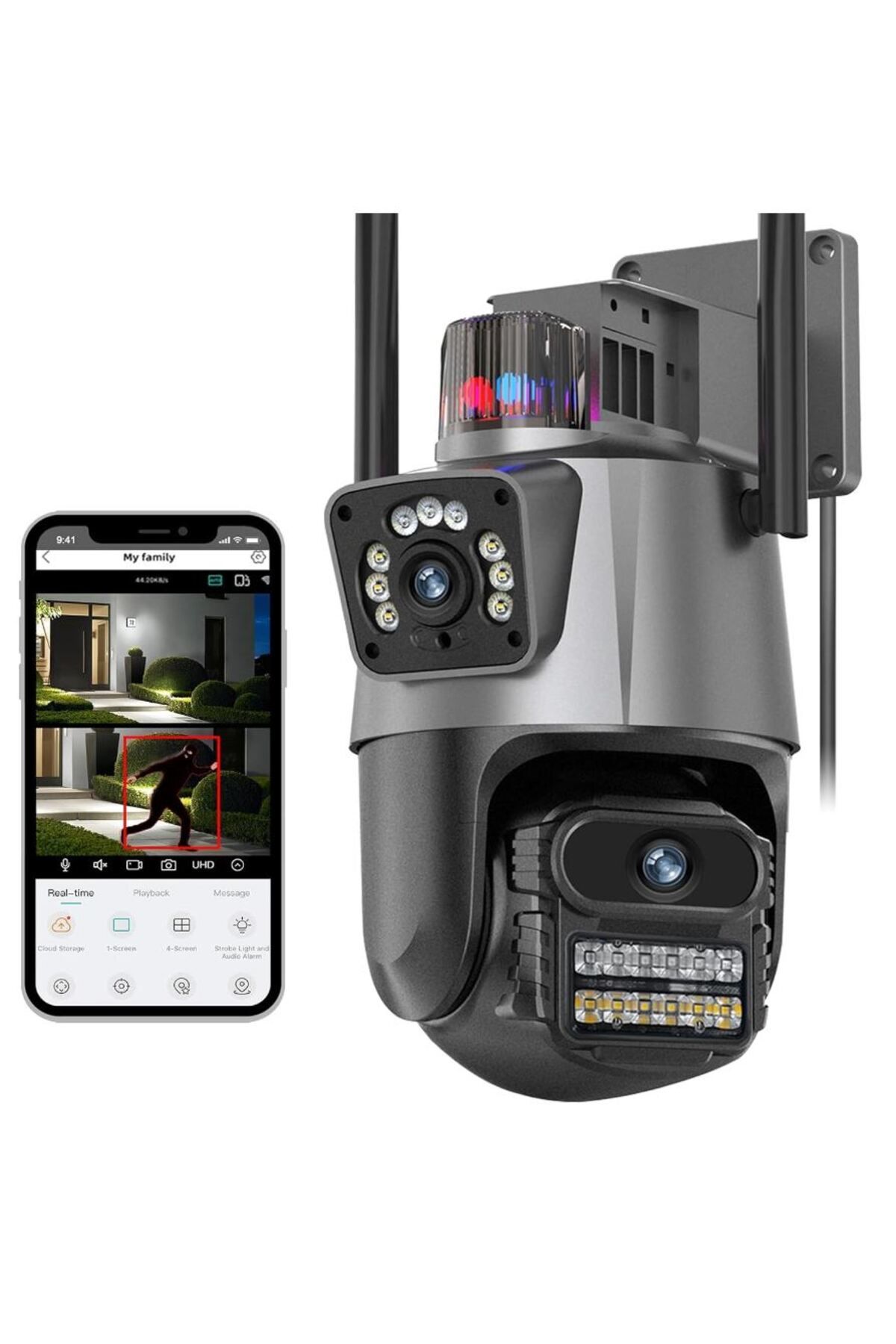 Yeni 8MP 8K PTZ Wifi IP kamera Çift Lens AI Hareket Algılama Anti-Hırsızlık Sirenli Akıllı Kamera