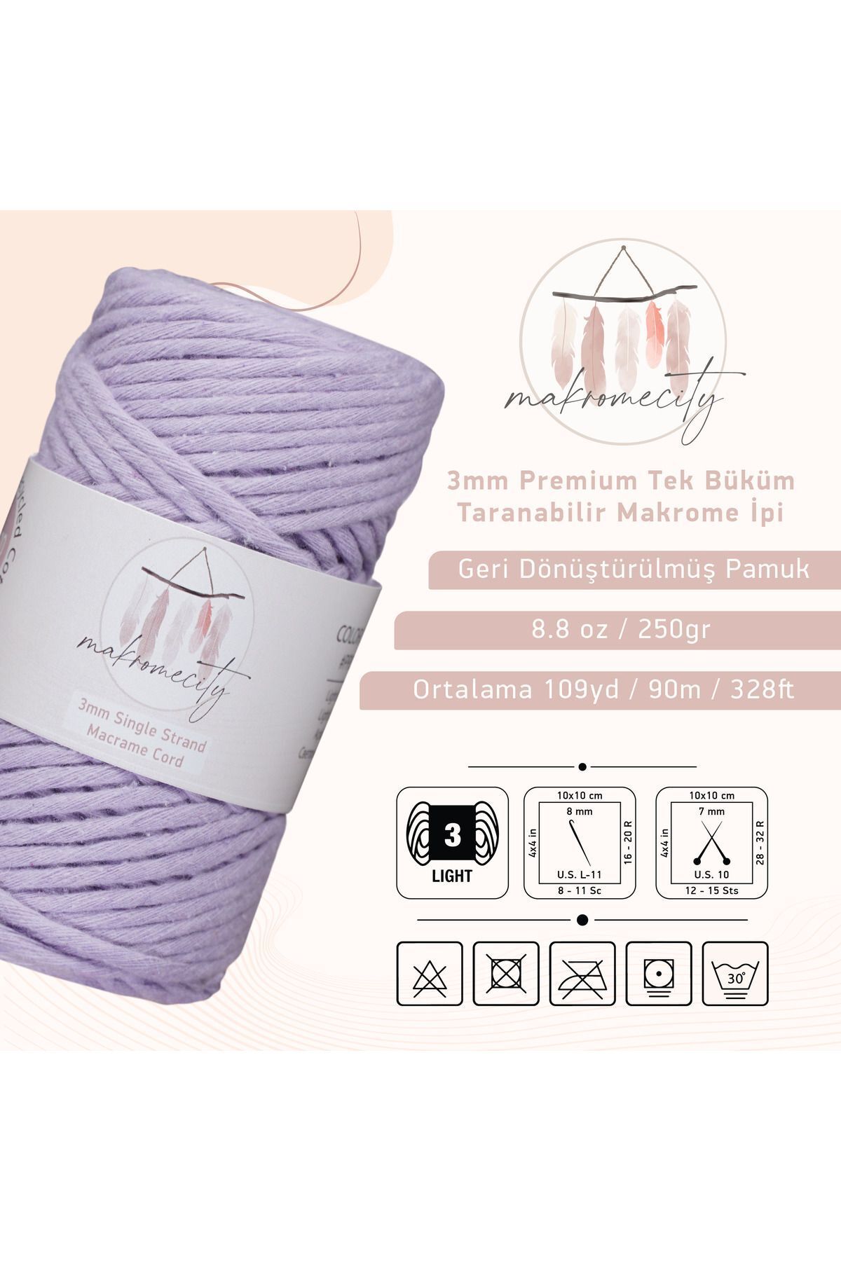Makromecity-Scalloped Macrame Thread 3mm Scalloped Cotton Macrame Thread Macrame Thread Lilac 2