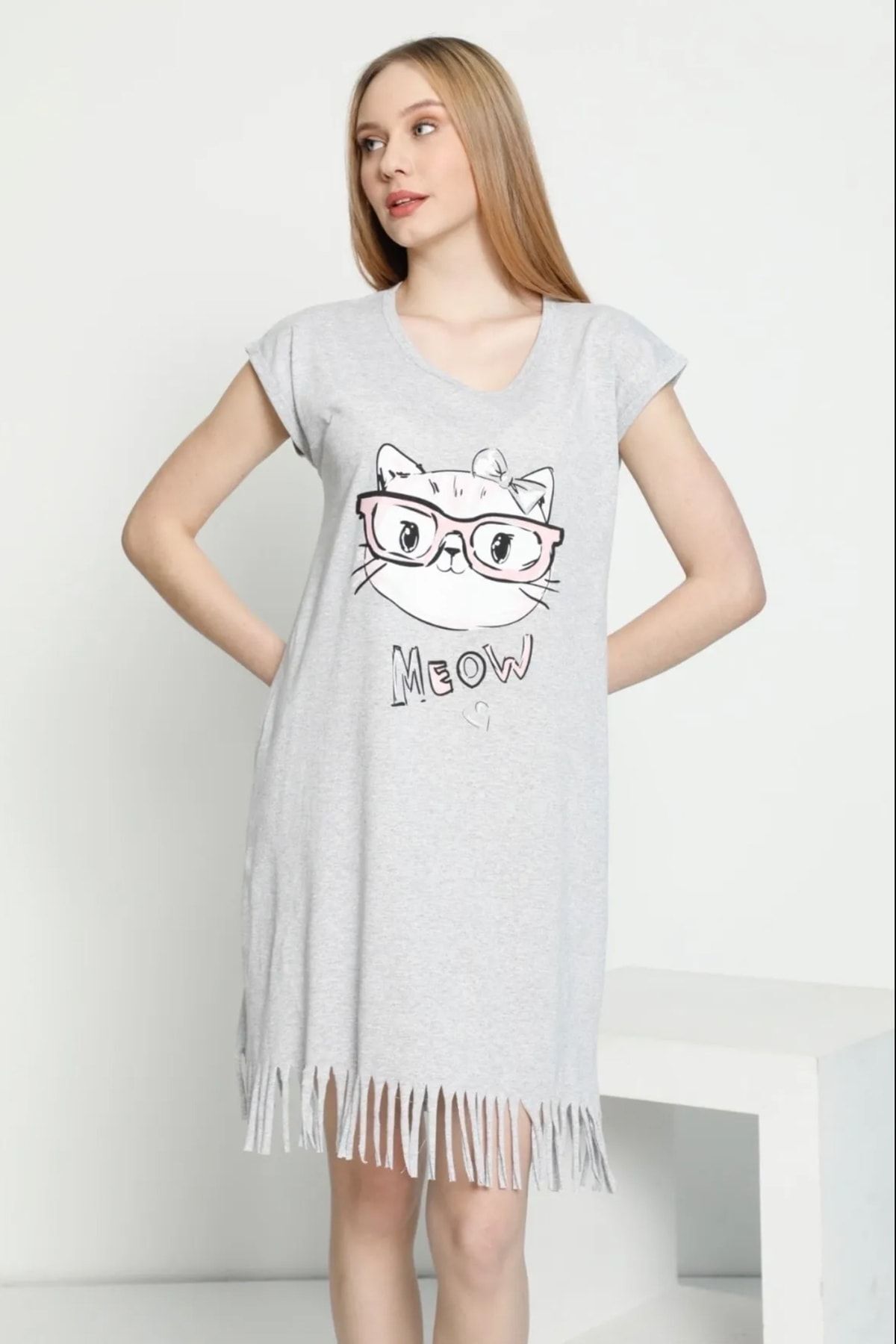 PIJAMASSTORE Meow Baskılı Gri Renk Gecelik Elbise