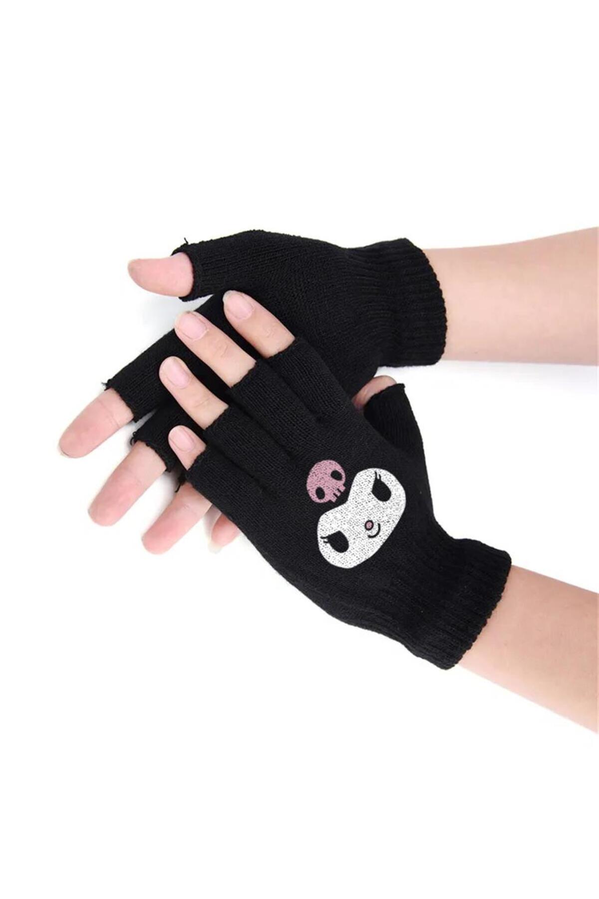 Touz Moda Kuromi Face Baskılı Unisex Siyah Kesik Çift Eldiven