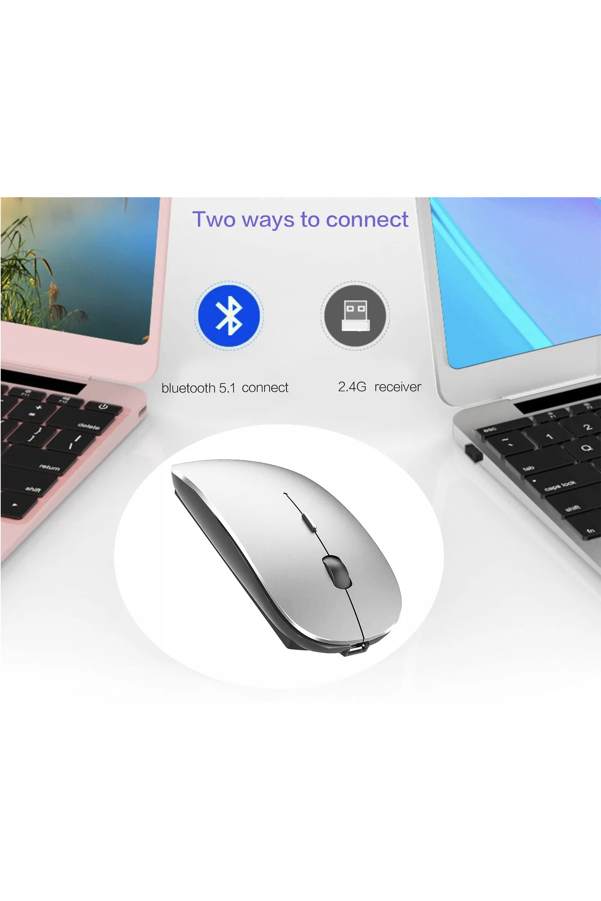 Tüm Cihazlarla Uyumlu Şarj Edilebilir Sessiz Mouse Bluetooth + 2.4Hz Wifi Kablosuz Mouse Fare 5