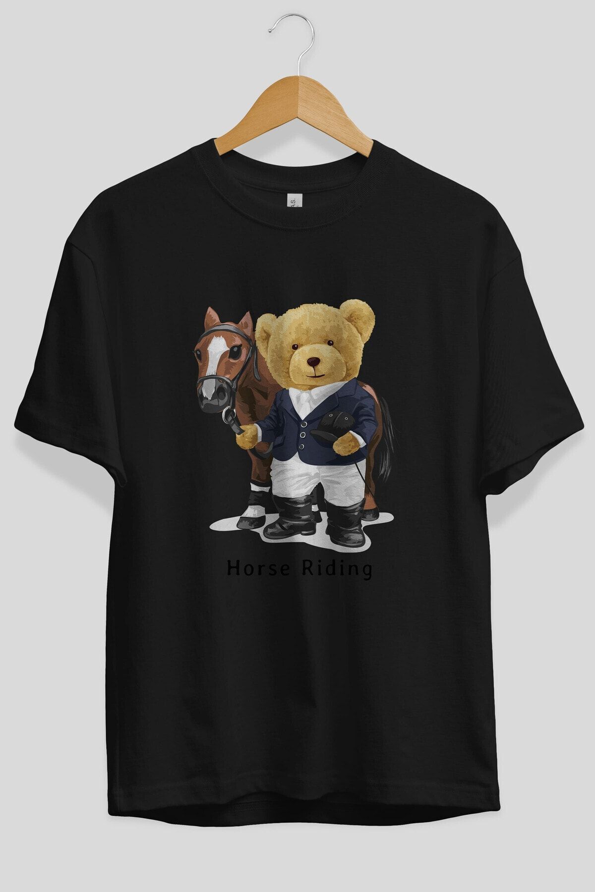 Ankhises Ursuleț De Pluș Călărie Cu Imprimeu În Față, Negru, Tricou Supradimensionat, Bărbați, Femei, Cu Gât Crew Unisex - M