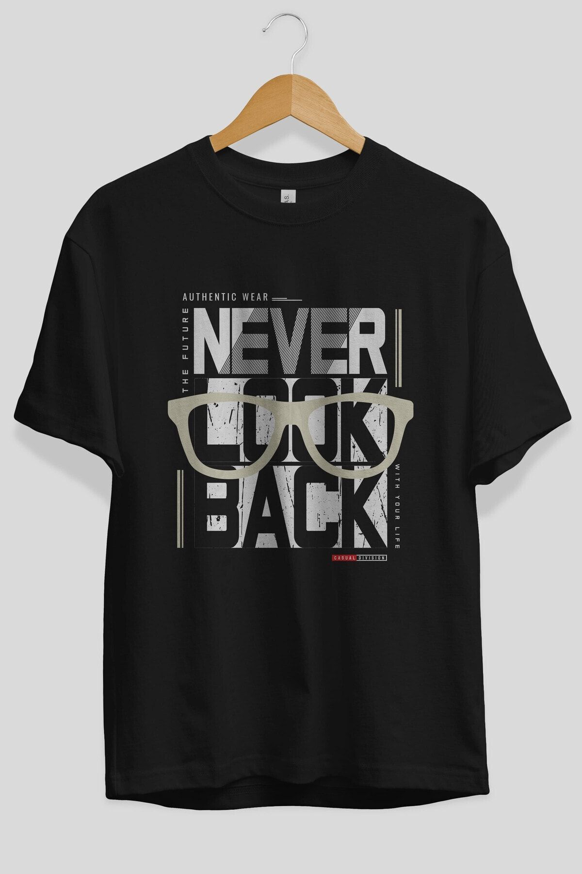 Ankhises-Never Look Back Tricou negru supradimensionat cu imprimeu în față, unisex, bărbați, femei, cu gât crew 4