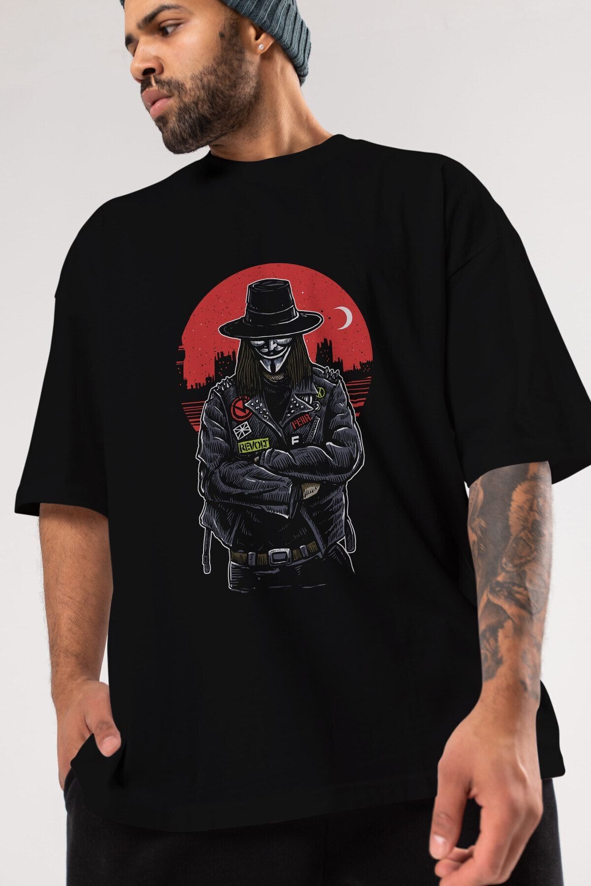 Ankhises Tricou Supradimensionat Negru Cu Imprimeu Vendetta, Unisex, Pentru Bărbați, Pentru Femei, Cu Decolteu Unisex - M