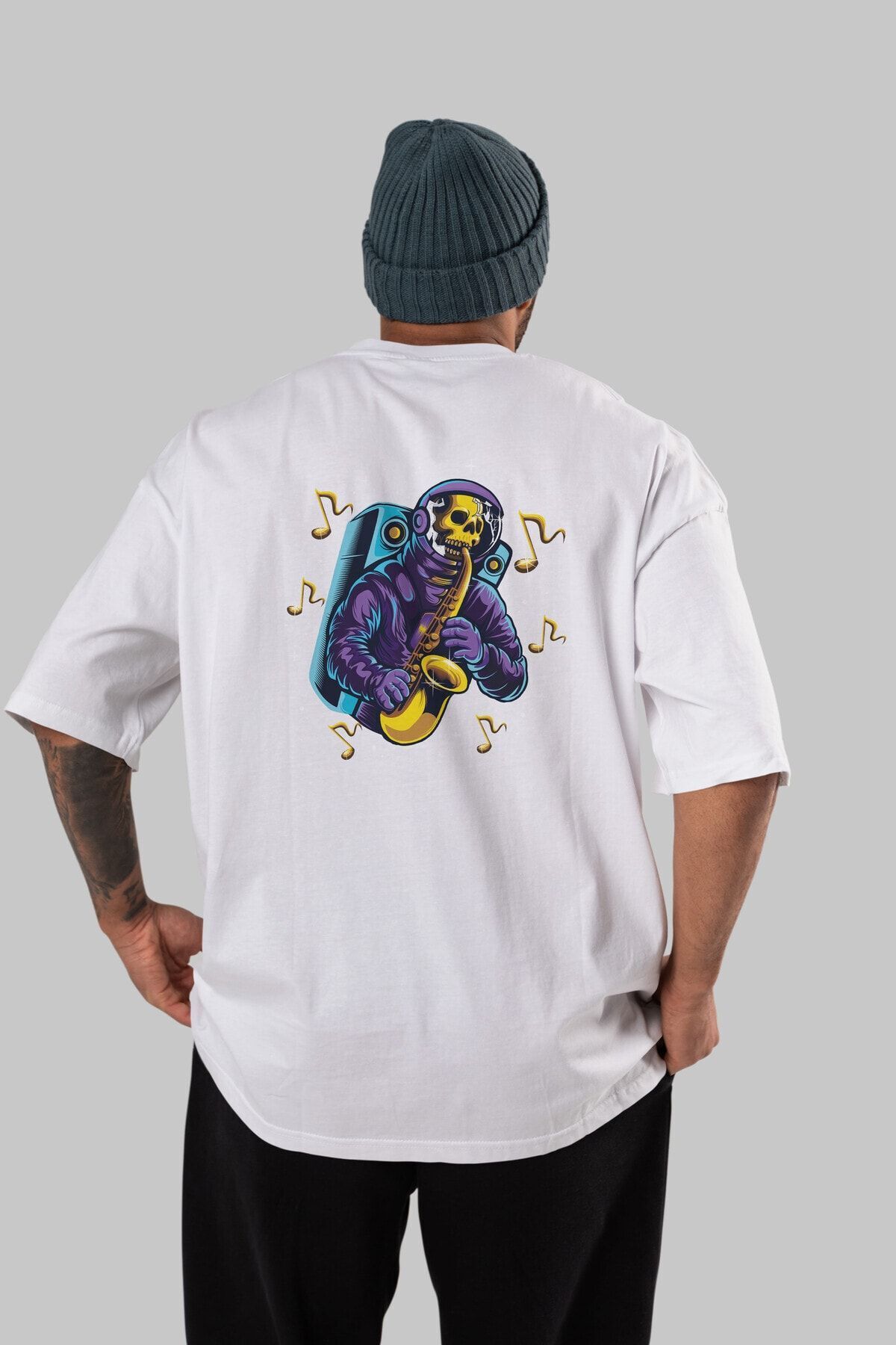 Ankhises Astroskull Saxophonist Spate Imprimat Alb Tricou Oversize Unisex Bărbați Femei Decolteu Crew Unisex - XL