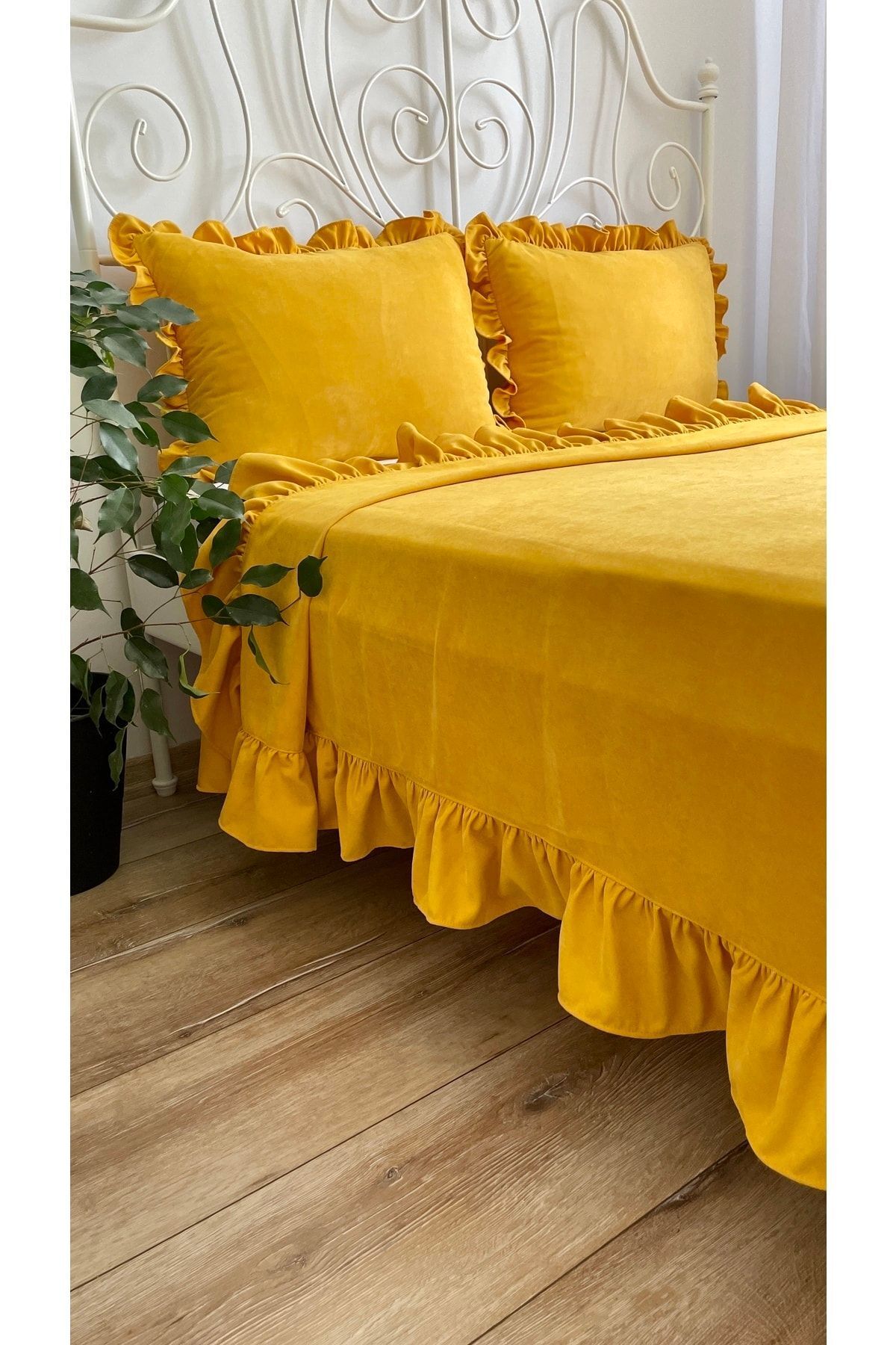 Decamor home-طقم مفرش سرير أصفر خردل مكشكش مزدوج 4