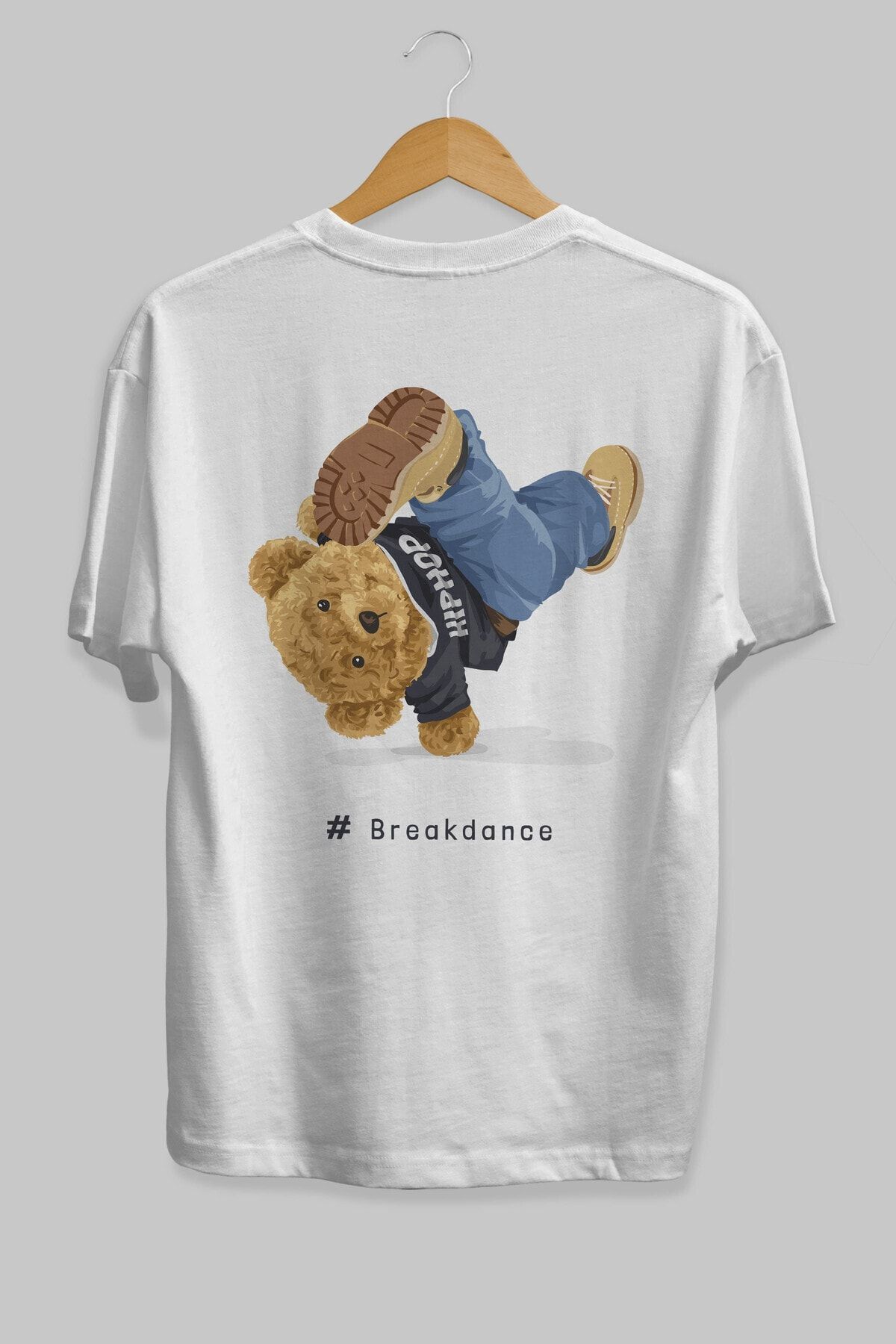Ankhises-Teddy Bear Breakdance Back Printed White Men's Women's Crew Neck Oversize T-shirt 2