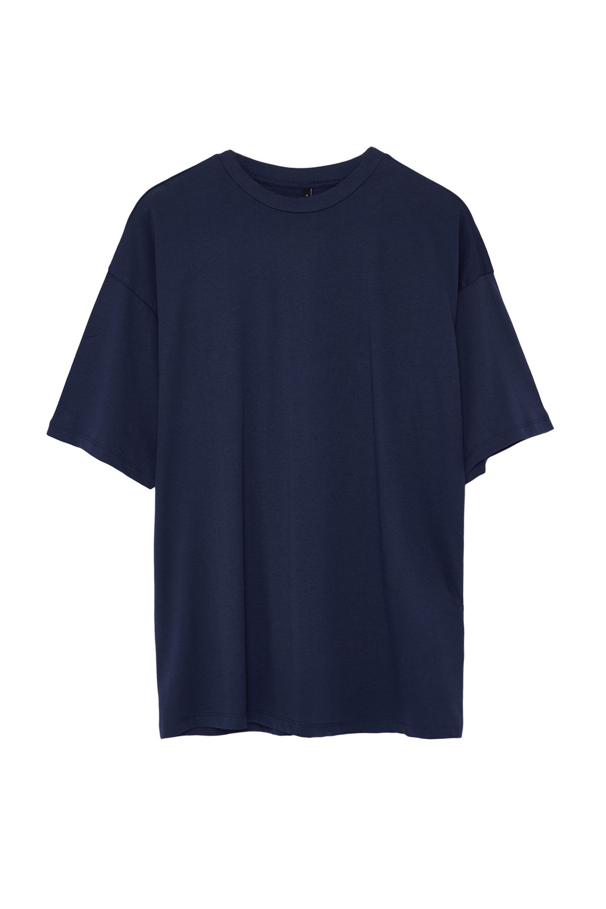 Trendyol Collection-Navy Blue Oversize Knitted T-Shirt - 100% Cotton, Back Slogan Print, TWOSS24TS00091 8