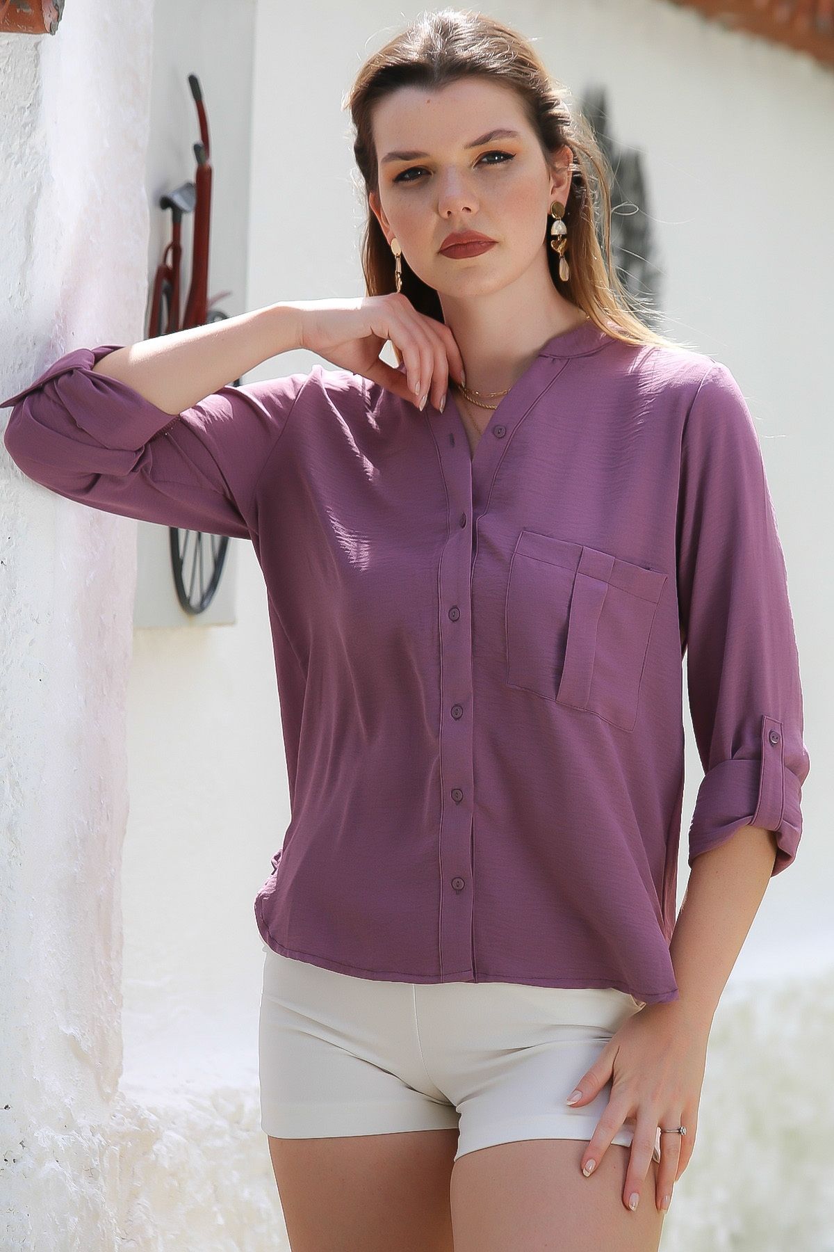 Chiccy-Cămașă casual cu mânecă lungă cu guler prune și cu buzunar 7