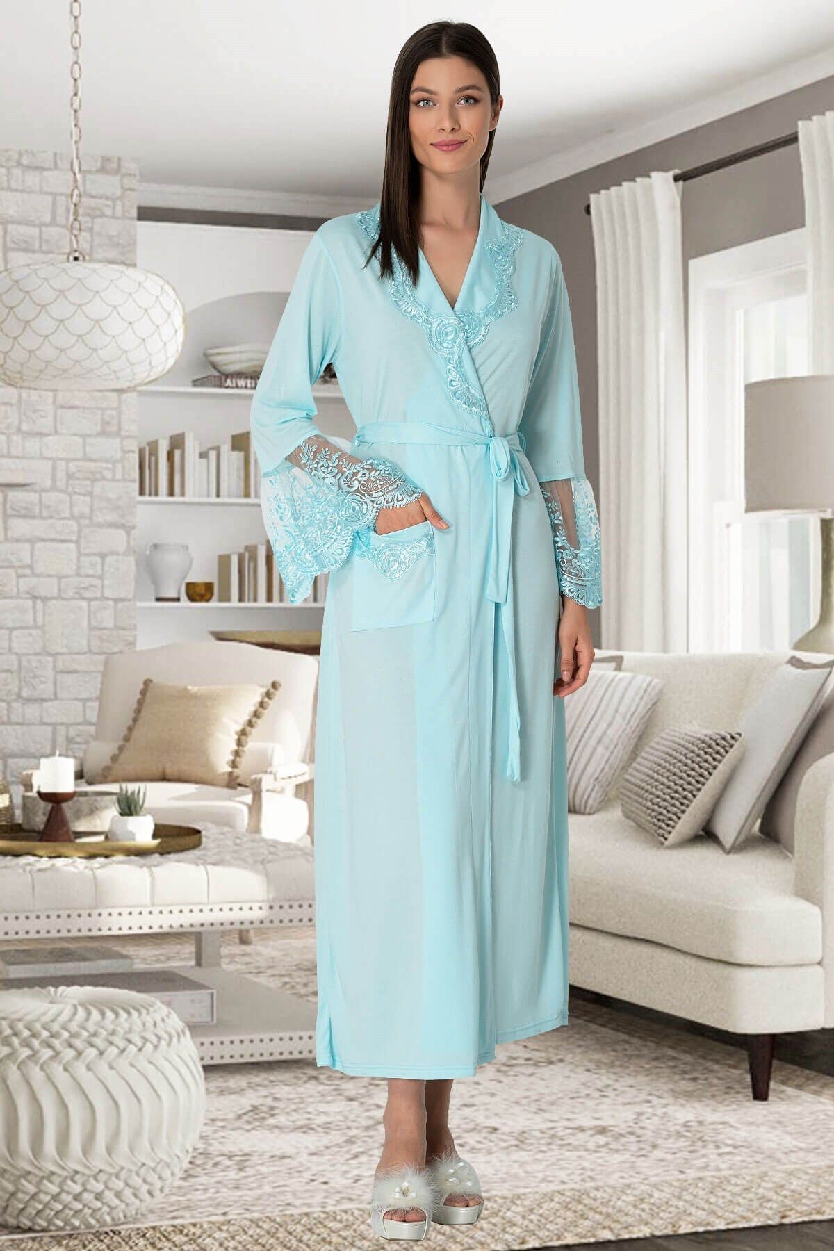By Mecit Pijama Rochie De Maternitate Mecit 5342 Dantela Turcoaz Femeie - M