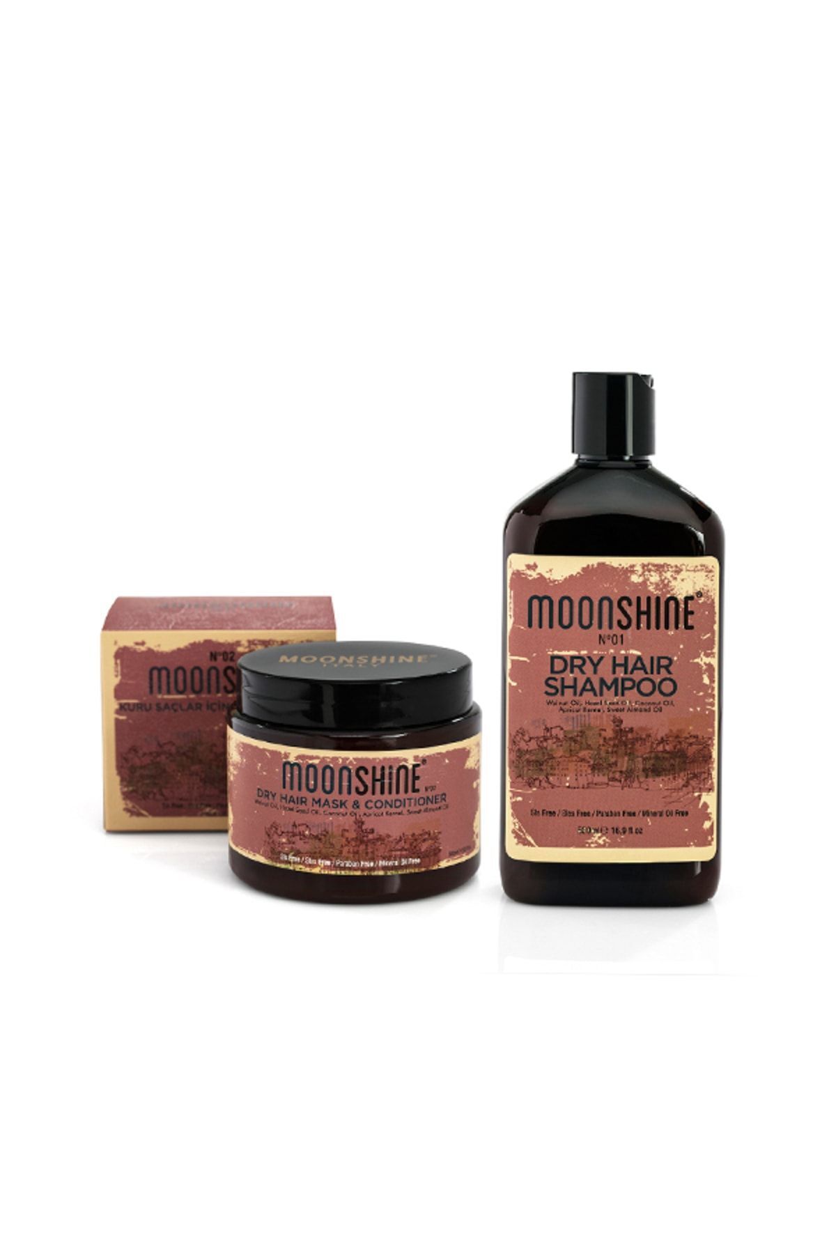 ست خشک - شامپو برای موهای خشک 500 میلی لیتر و ماسک و نرم کننده موهای خشک 500 میلی لیتر moonshine