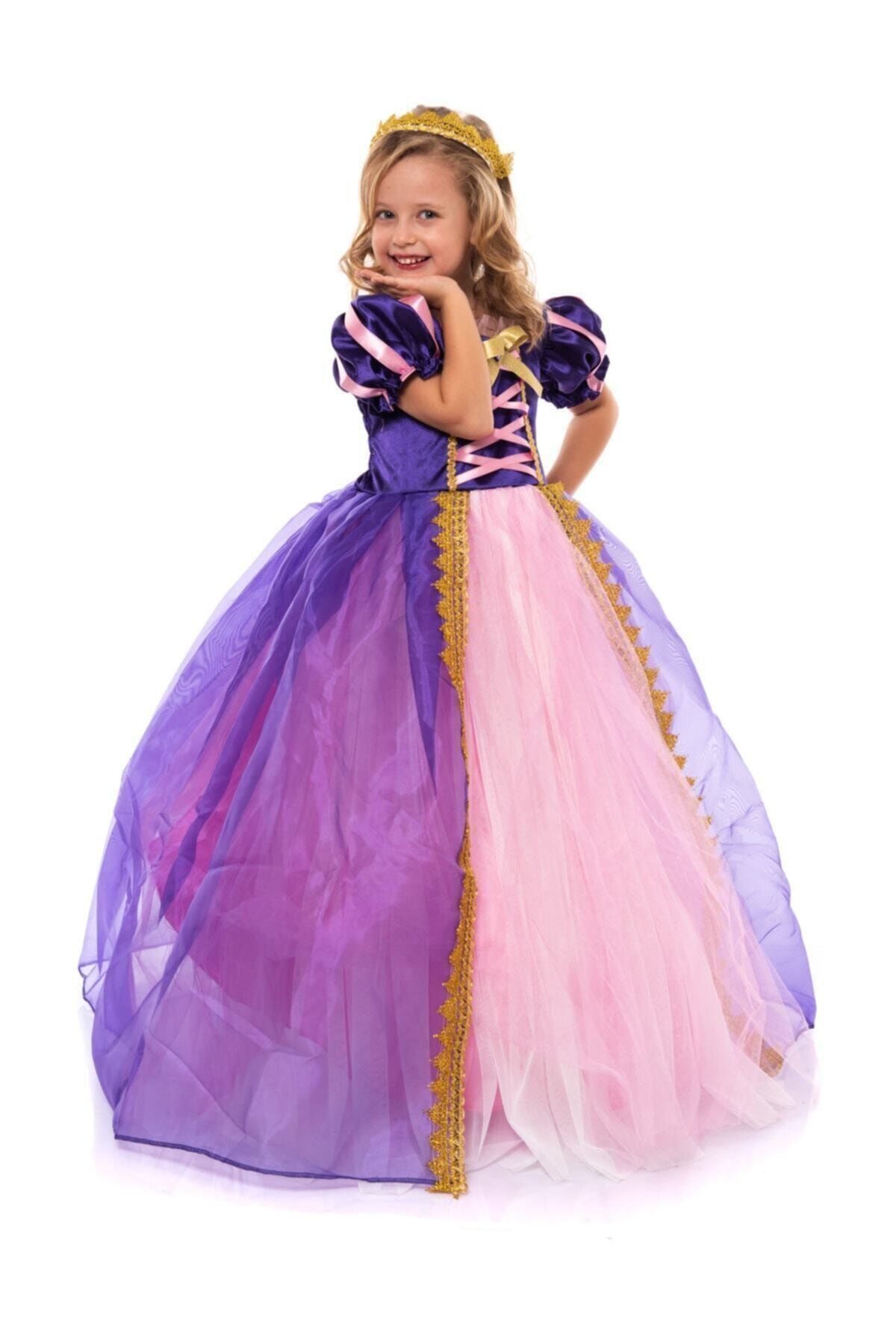 Kız Çocuk Pelerinli Tarlatanlı Taclı Rapunzel Kostümü - Ful Aksesuar