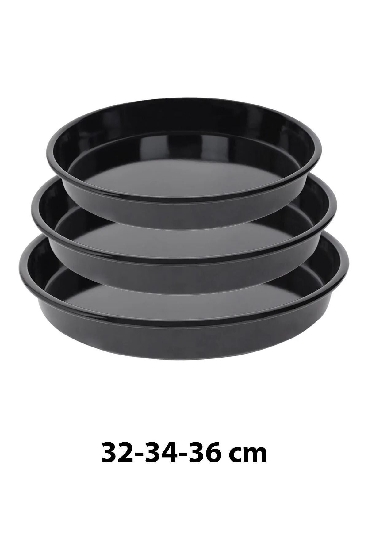 Siyah Parlak Emaye Yuvarlak 3'lü Fırın Tepsi Seti 32-34-36 Cm
