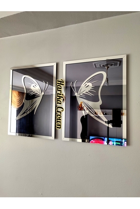 hibiscus Aynalı Model 2 Li Kelebek Tablo (ŞİŞE CAM AYNA)