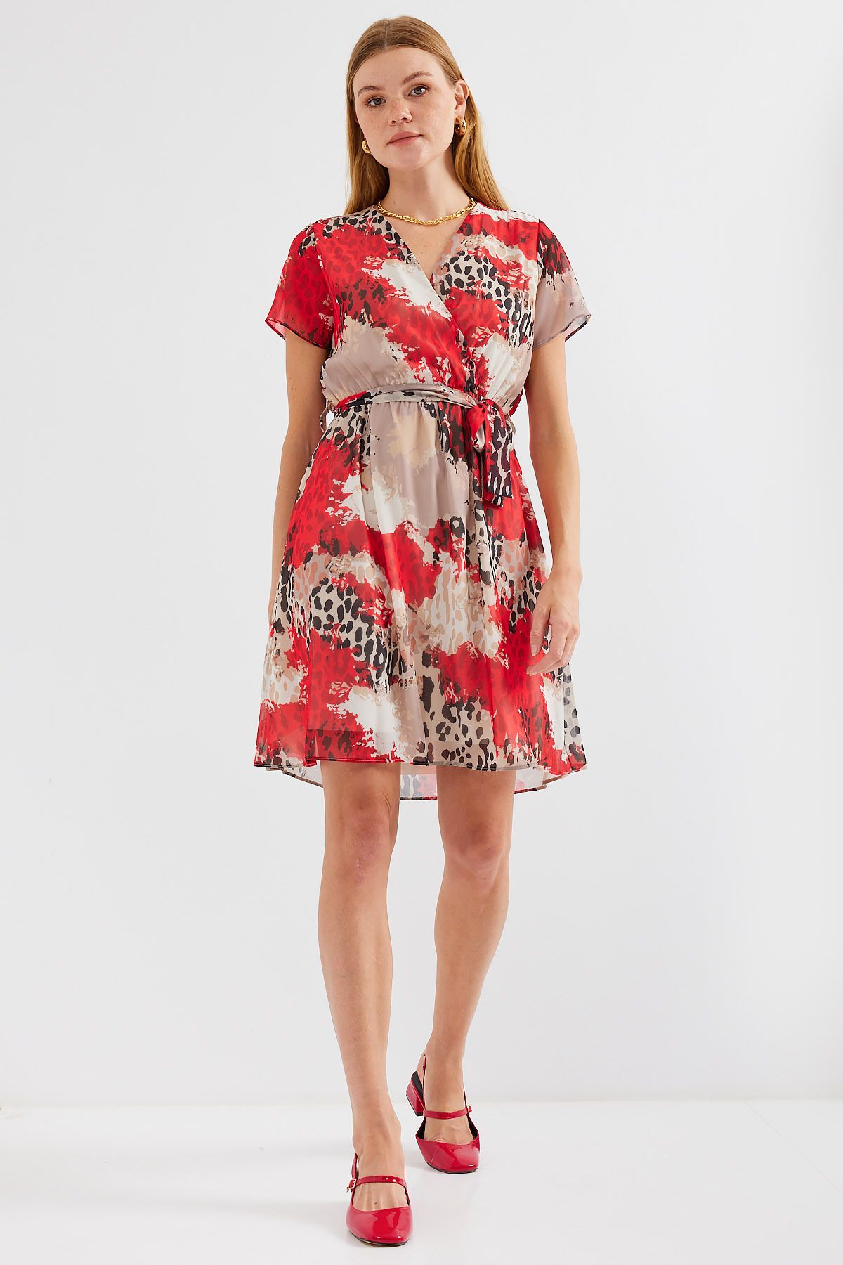 Bigdart-2502 Model Red Chiffon Dress - Short Sleeve and Patterned 3