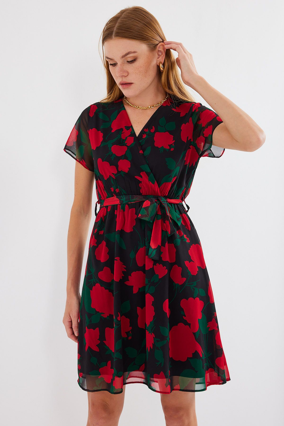 Bigdart-2502 Model - Black Chiffon Dress, Short Sleeve and Print 2
