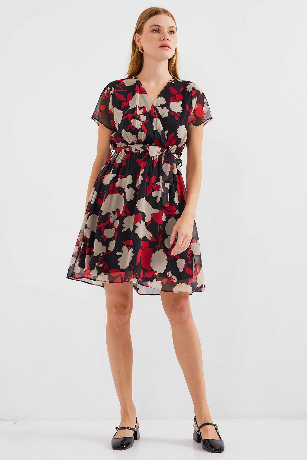 Bigdart-2502 Model Burgundy Chiffon Dress - Short Sleeve and Patterned 3