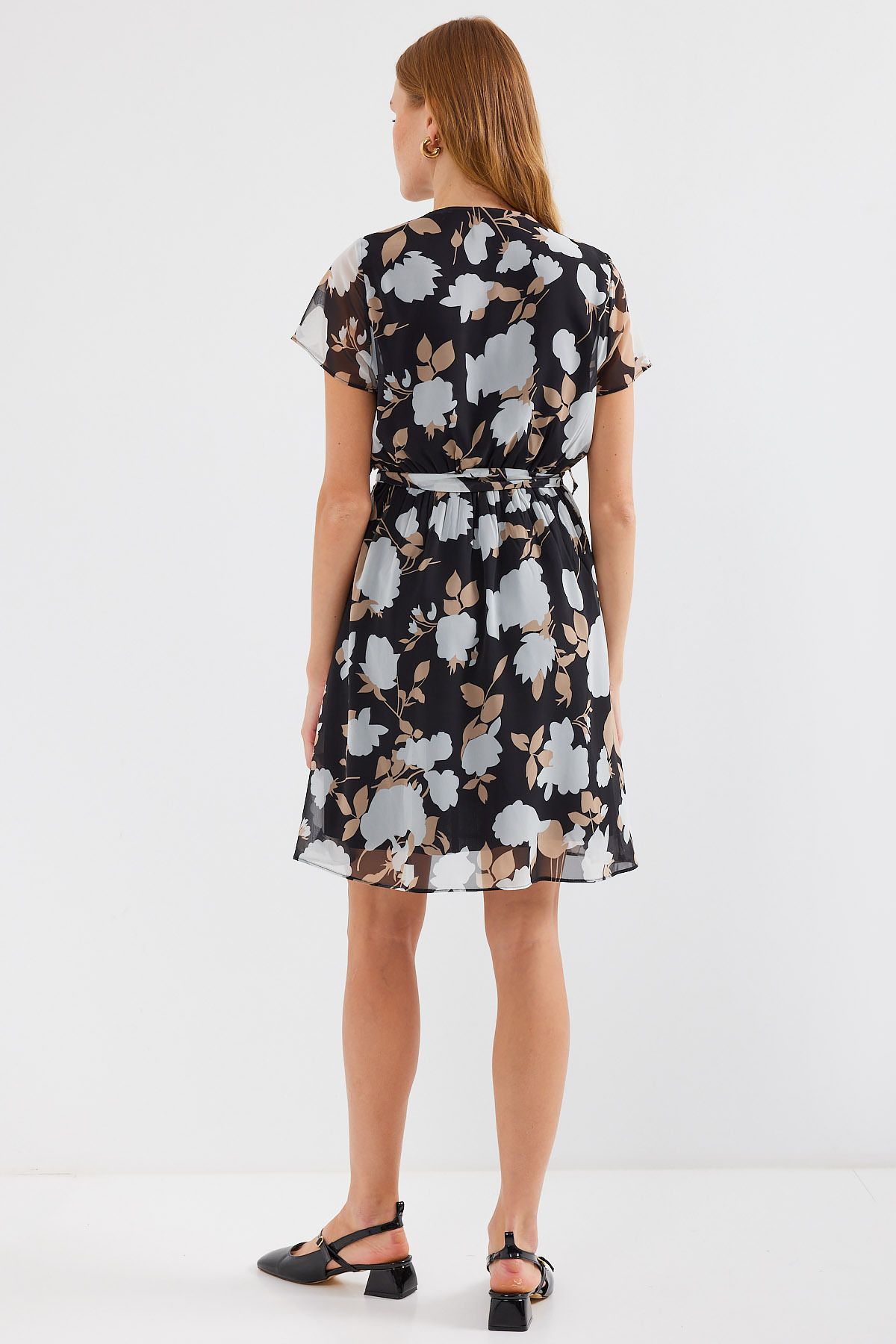 Bigdart-2502 Model - Black Chiffon Dress, Short Sleeve and Print 6