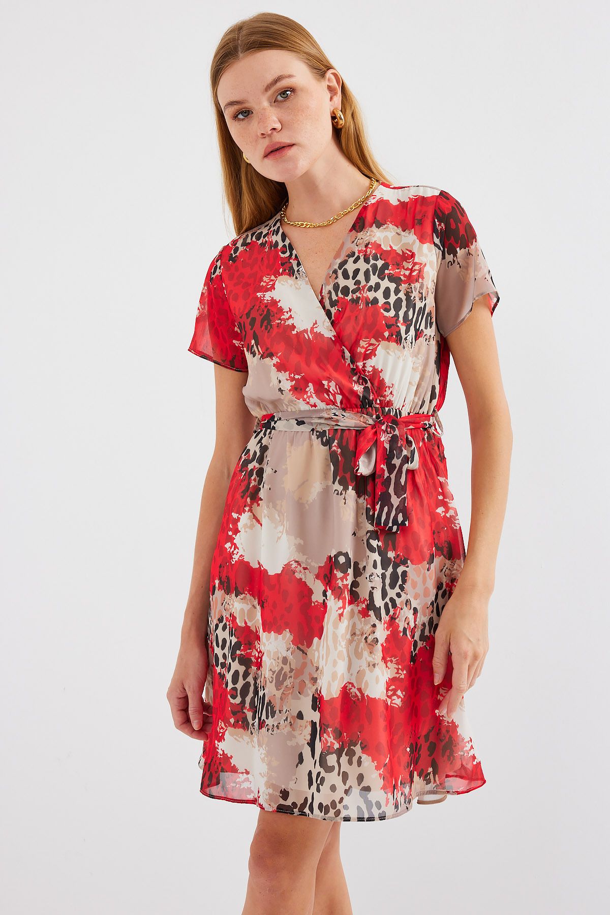 Bigdart-2502 Model Red Chiffon Dress - Short Sleeve and Patterned 2
