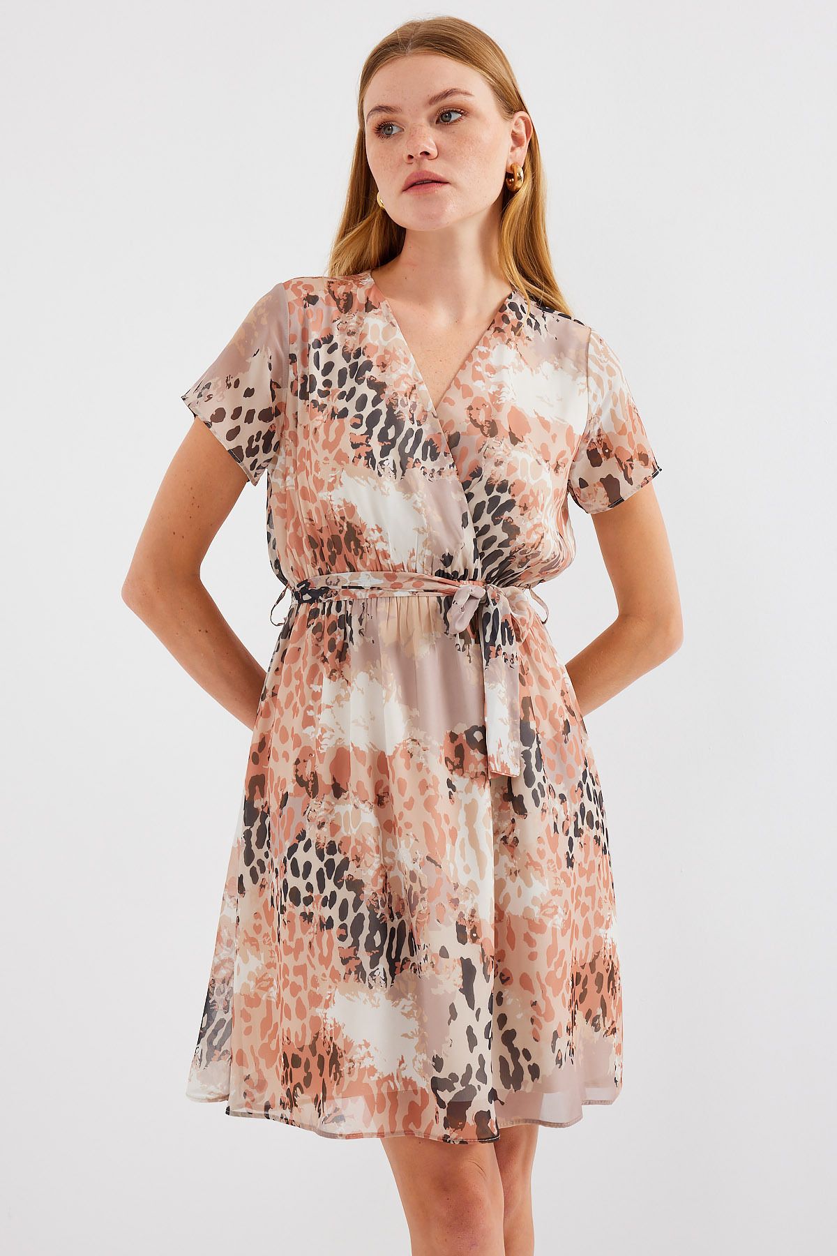 Bigdart-2502 Model Beige Chiffon Dress - Short Sleeve and Patterned 4