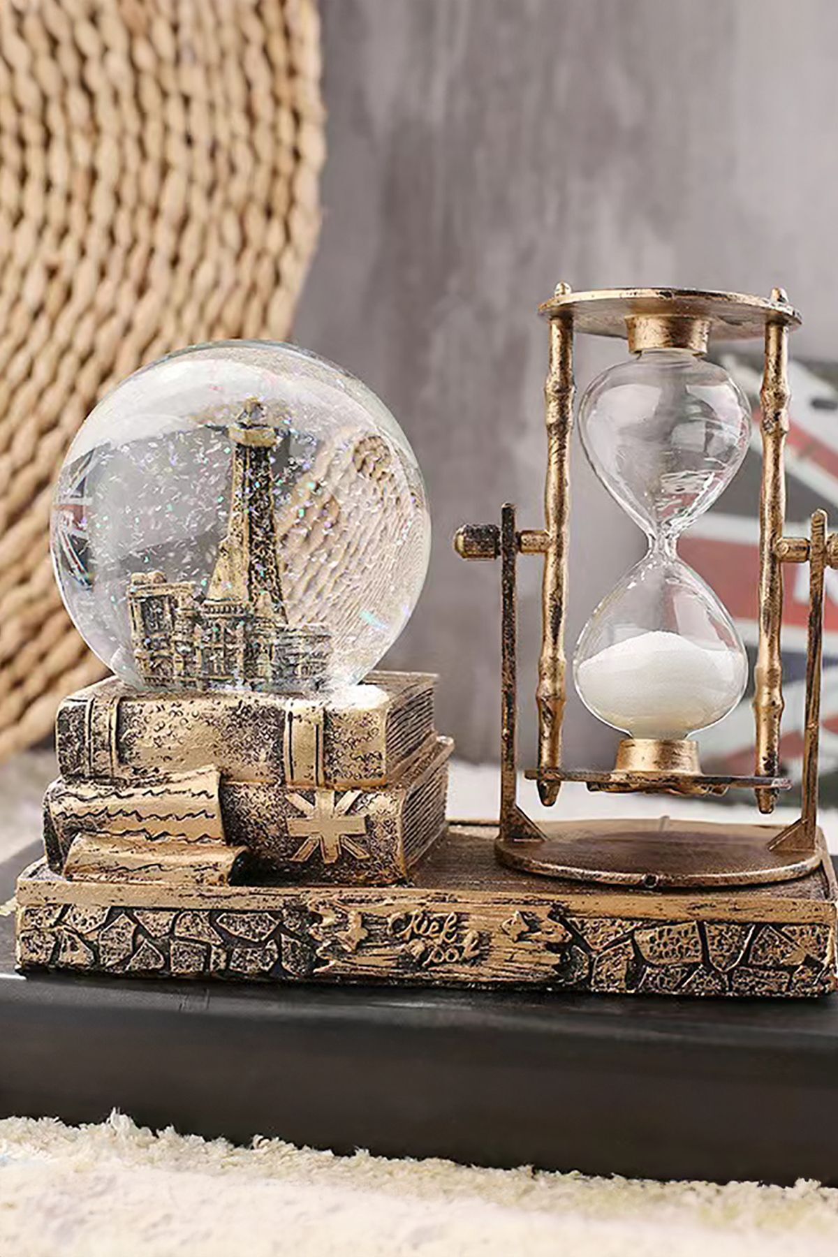 Gampus Eyfel Işıklı Sulu Kar Küreli Kum Saati Dekor Eskitme Hediyelik