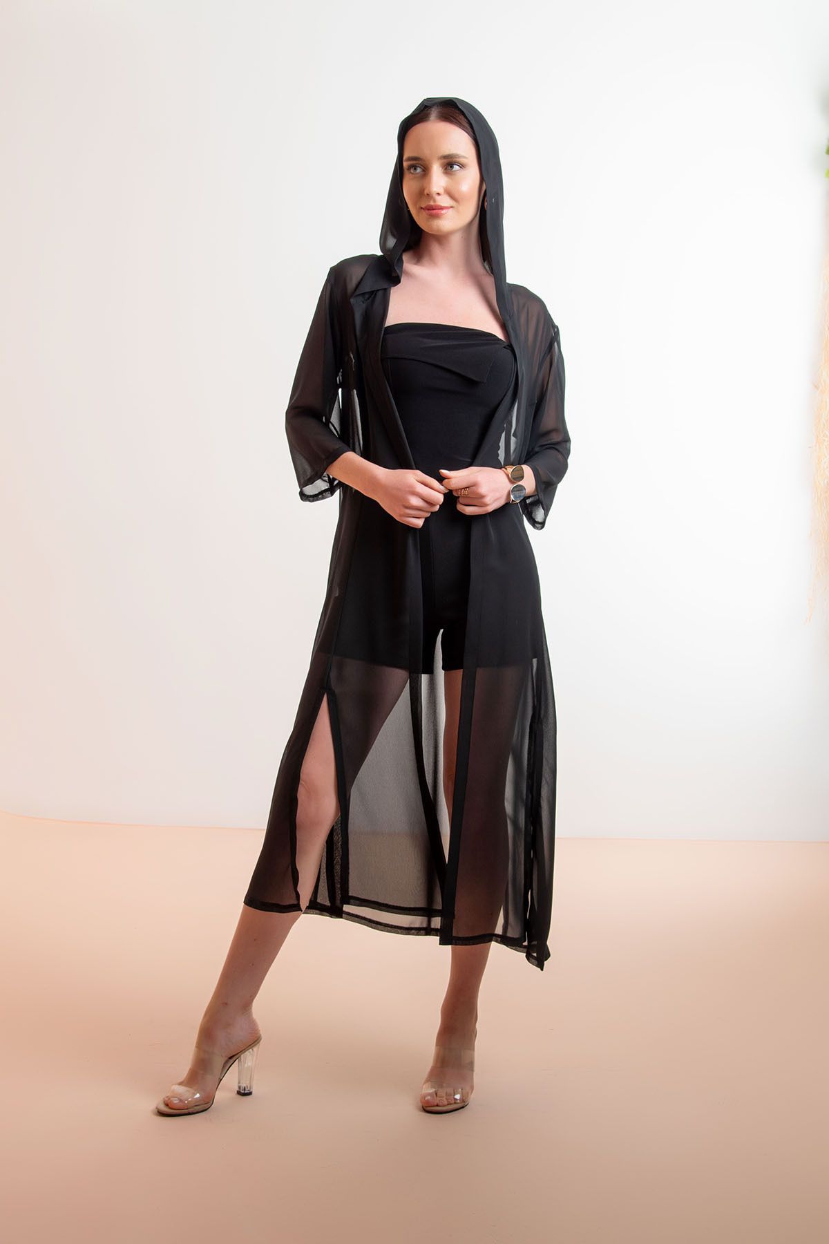 Laranor-Cardigan și costum de baie din șifon Top bikini - Design multifuncțional Îmbrăcăminte de plajă cu glugă și detaliu cu fante 3