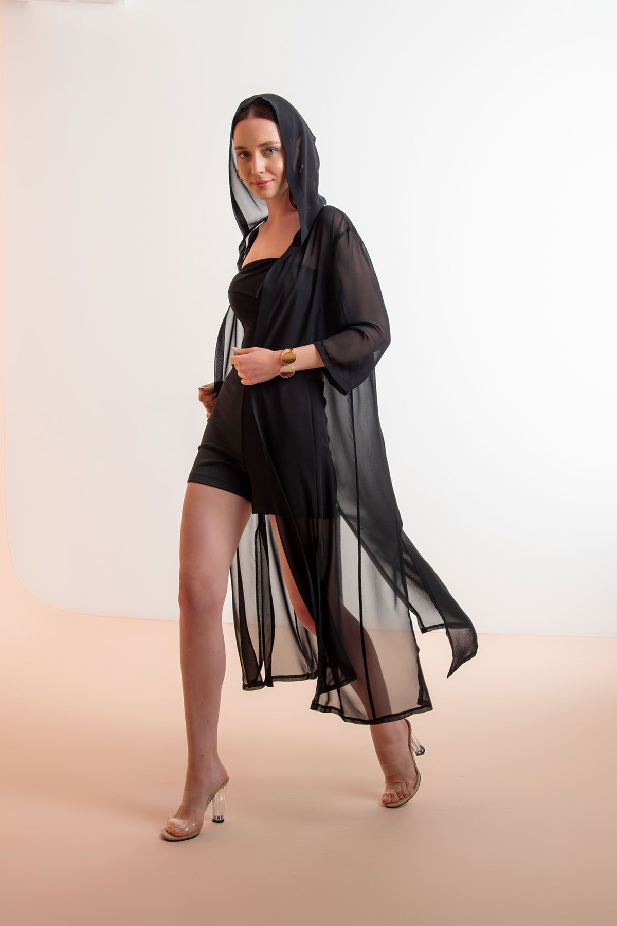 Laranor-Cardigan și costum de baie din șifon Top bikini - Design multifuncțional Îmbrăcăminte de plajă cu glugă și detaliu cu fante 5