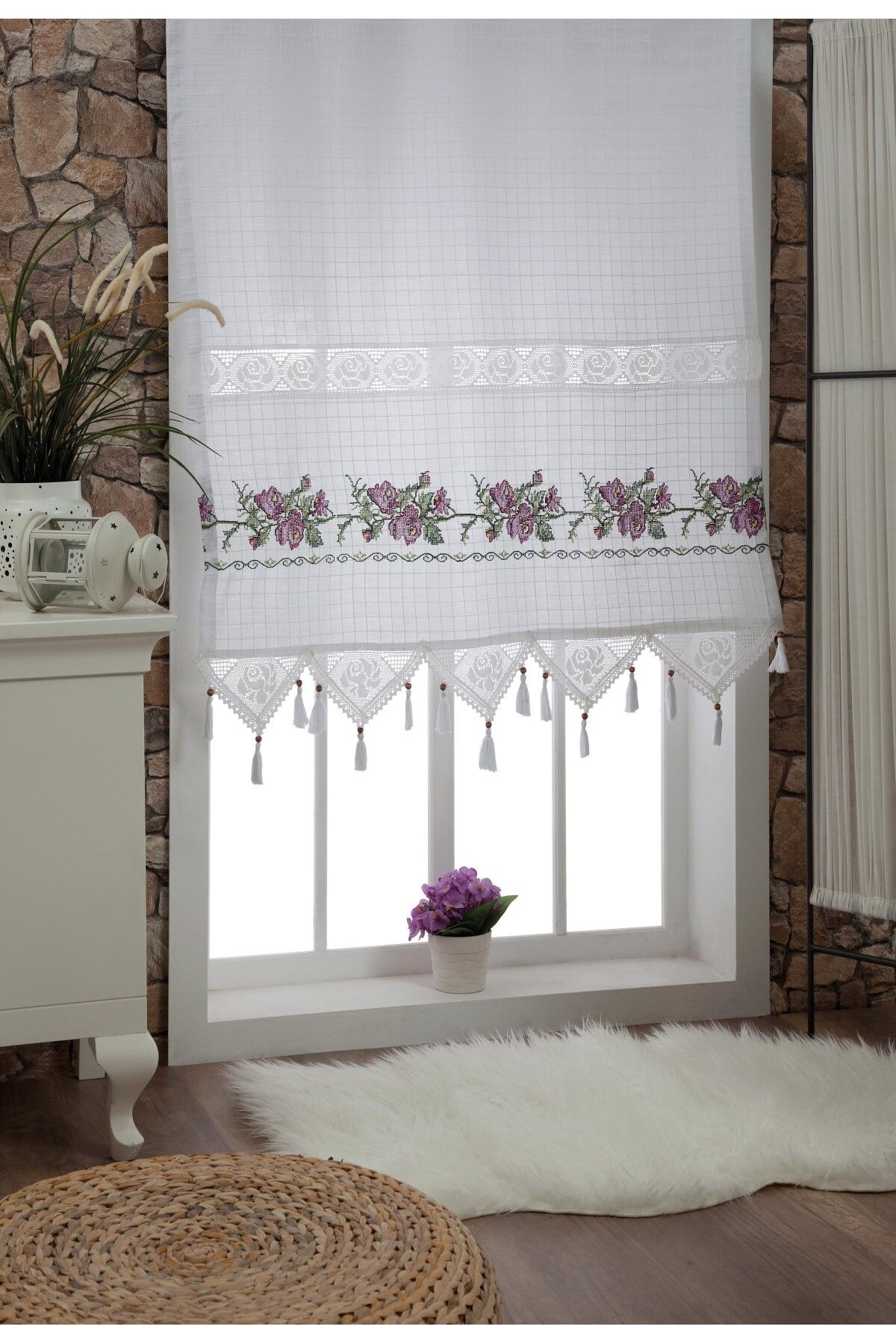 Wellstil Аутентичные фиолетовые белые шторы из булдана с вышивкой крестиком из 100% хлопка 8696298875135