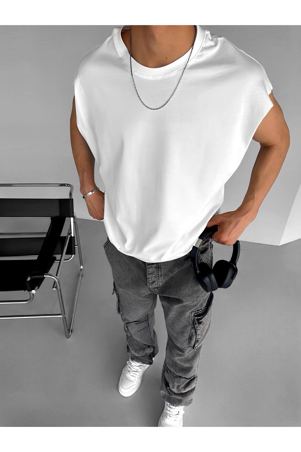 ablikaonline Oversize текстурированная футболка без рукавов с круглым вырезом, белая TST.0194