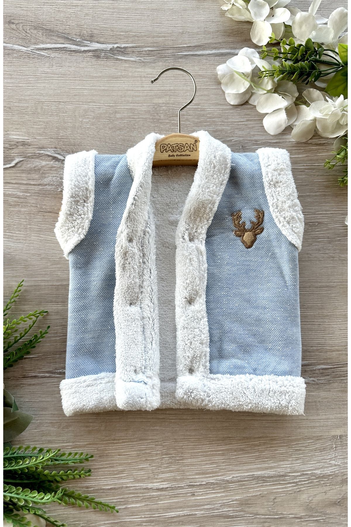 PATSAN Içi Peluşlu Wellsoft Kışlık Bebek Yelek Geyik Nakış Mavi fotoğrafı 2 (önizleme)