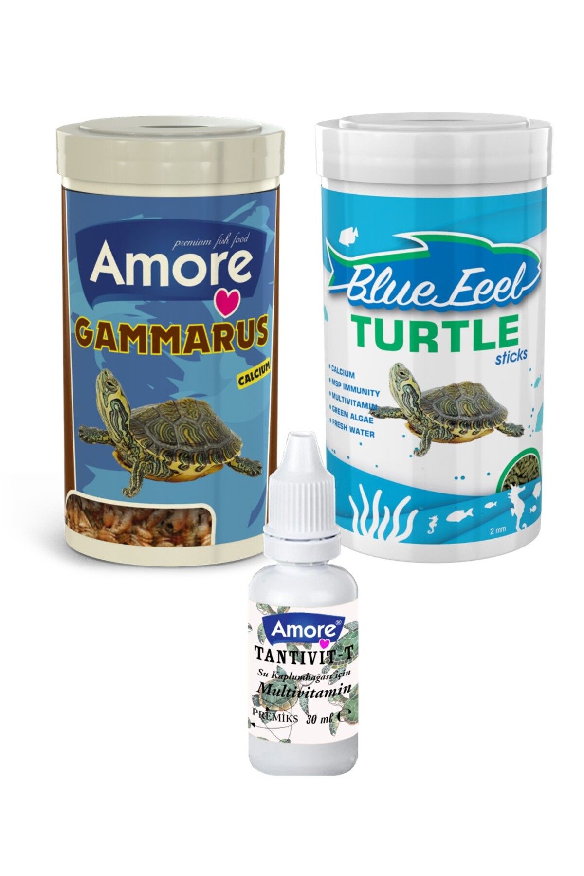 AMORE Gammarus 250 Ml Ve Bluefeel Turtle Sticks 250 Ml Kutu Ve Multivitamin 30cc