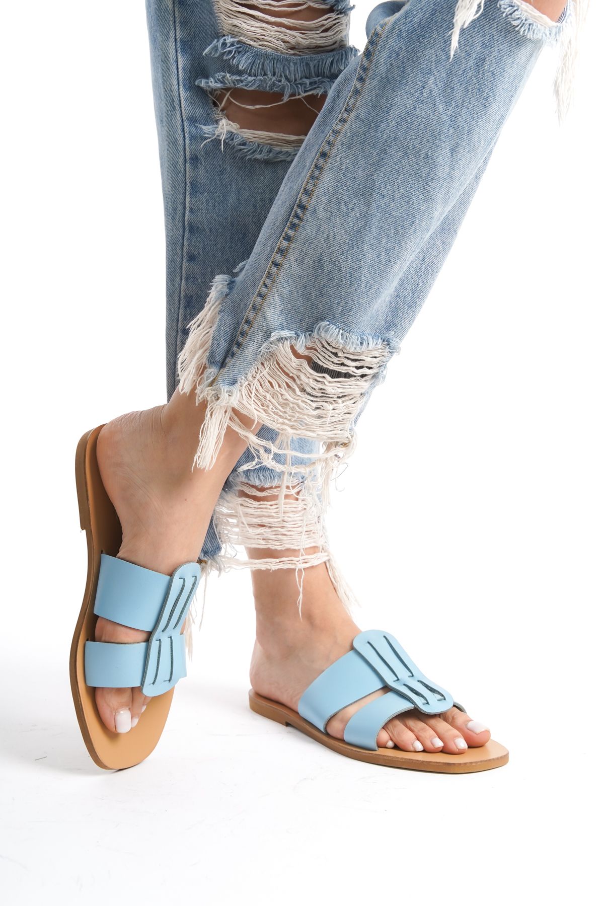دمپایی آبی زنانه روشن چرمی واقعی M5813 DaphneSandals