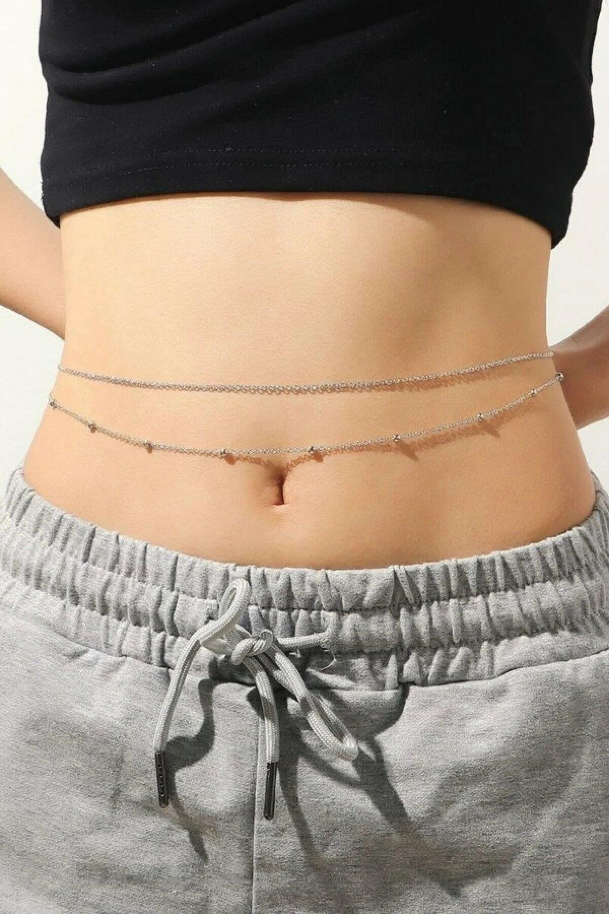 Classy Özel Tasarım Bel Zinciri Gümüş + Düz Vucut Kolyesi Takı