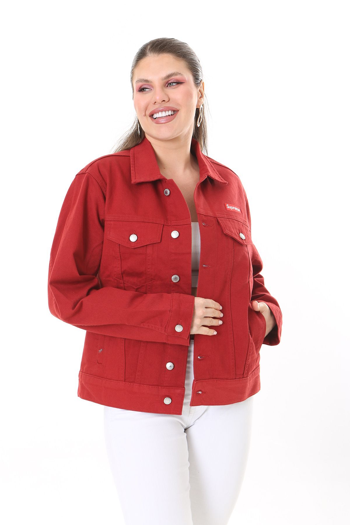 Şans Kadın Büyük Beden Bordo Metal Düğmeli Kup Detaylı Cepli Kot Mont 65N37713