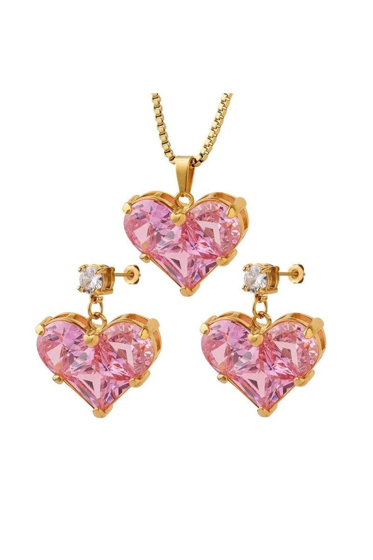 316L medikal Çelik  Gold Renk Pembe Zirkon Taşlı Kalp Model Kolye küpe sevgiliye hediye kadın hediye 7