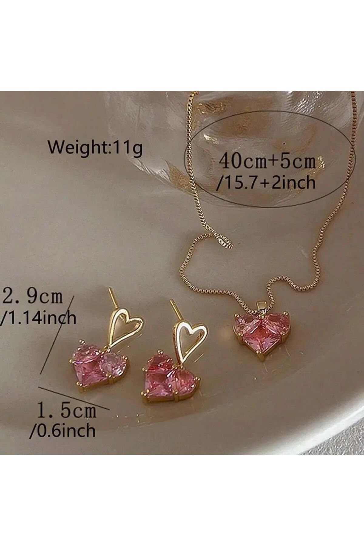 316L medikal Çelik  Gold Renk Pembe Zirkon Taşlı Kalp Model Kolye küpe sevgiliye hediye kadın hediye 5