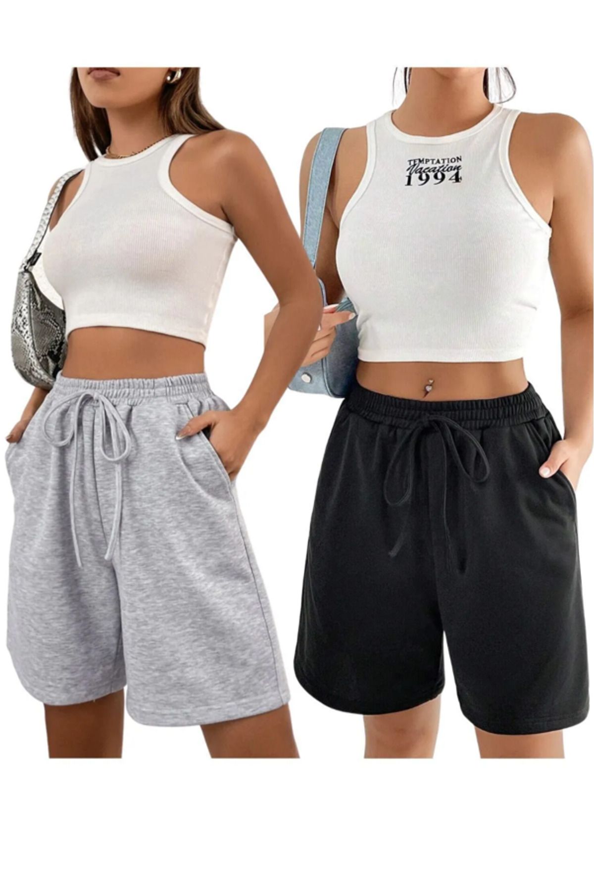 pandy Pantaloni Scurți Obișnuiți Pentru Femei Negru Gri - Set De 2 Culori Uni Unisex - S