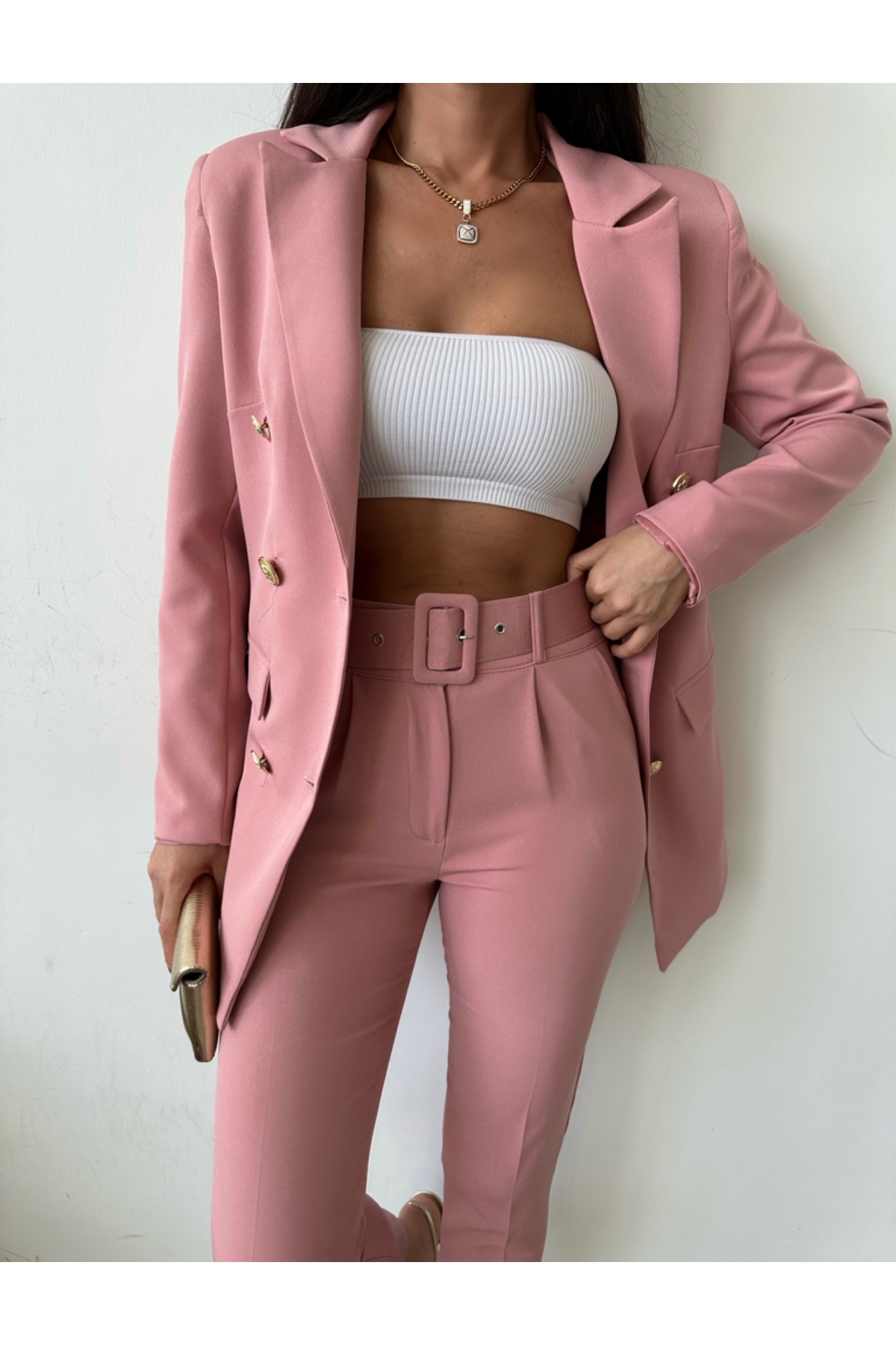 Female Clothing Pudra Düğmeli Blazer Ceket Esnek Pantolon Kadın Takım Elbise